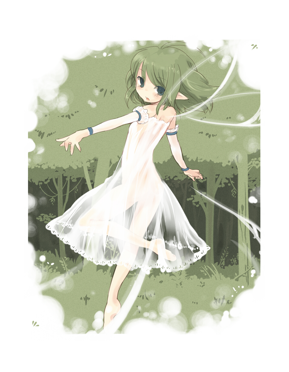 7010, original, highres, 1girl, bare shoulders, barefoot, blush, detached sleeves, dress, fairy, female focus, flat chest, green eyes, green hair, matching hair/eyes, open mouth, pointy ears, see-through clothes, solo, tree, wings