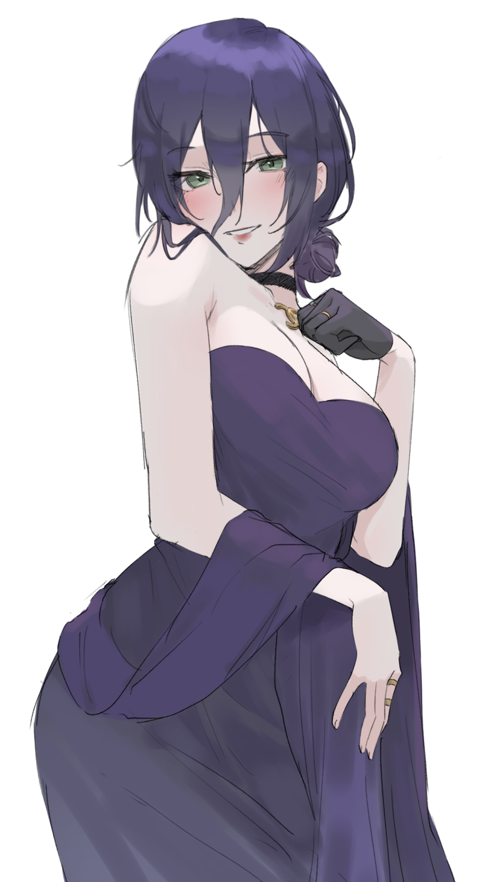 soap (sifxi ), reze (chainsaw man), chainsaw man, highres, 1girl, bare shoulders, black choker, black eyeliner, black gloves, breasts, choker, dress, eyelashes, eyeliner, gloves, green eyes, hair between eyes, hair bun, hair over shoulder, half gloves, jewelry, looking at viewer, makeup, medium breasts, medium hair, multiple rings, purple dress, purple hair, purple shawl, ring, shawl, short hair, simple background, single glove, single hair bun, single half glove, smile, solo, strapless, strapless dress, white background
