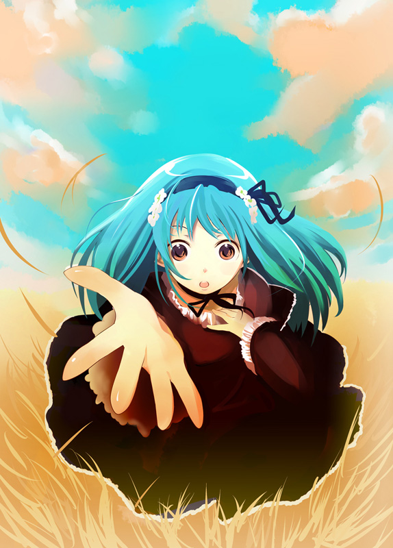 watarai, watarai keiji, bad id, bad pixiv id, 1girl, :o, blue hair, brown eyes, cloud, female focus, field, foreshortening, hairband, long hair, open mouth, outstretched hand, sky, solo, wheat, wide-eyed