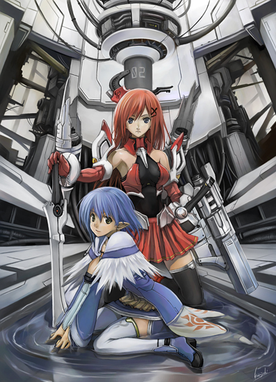 kurojishi, original, bad id, bad pixiv id, blue hair, gun, kneeling, long hair, mecha musume, red hair, short hair, thighhighs, weapon