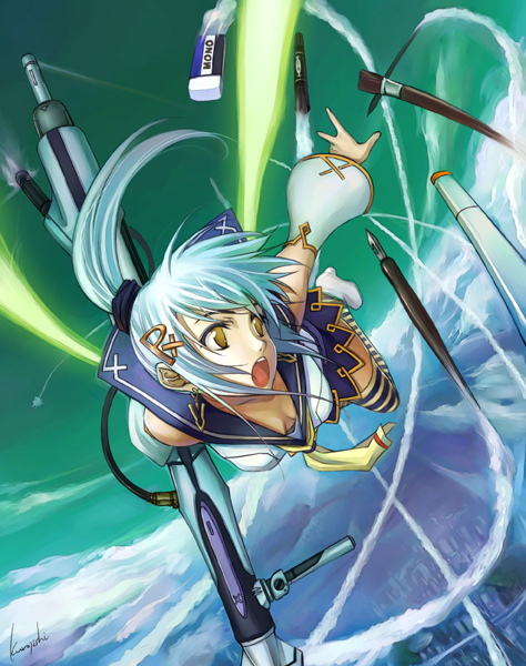 kurojishi, pixiv-tan, pixiv, tombow mono, bad id, bad pixiv id, 1girl, airbrush, art brush, blue hair, downblouse, eraser, female focus, flying, itano circus, mecha musume, paintbrush, pen, personification, ponytail, solo, yellow eyes