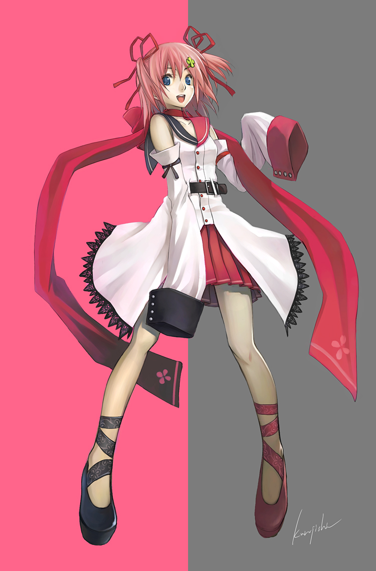 kurojishi, original, bad id, bad pixiv id, 1girl, asymmetrical clothes, blue eyes, detached sleeves, dress, female focus, hair ornament, hairclip, oversized clothes, pink hair, scarf, solo
