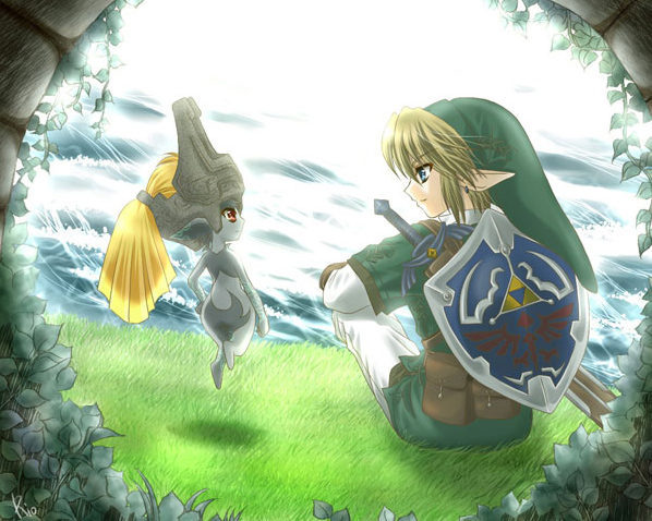 riolabo, link, midna, nintendo, the legend of zelda, the legend of zelda: twilight princess, 1boy, 1girl, blonde hair, blue eyes, master sword, monster girl, outdoors, plant, pointy ears, shield, sitting, sword, weapon