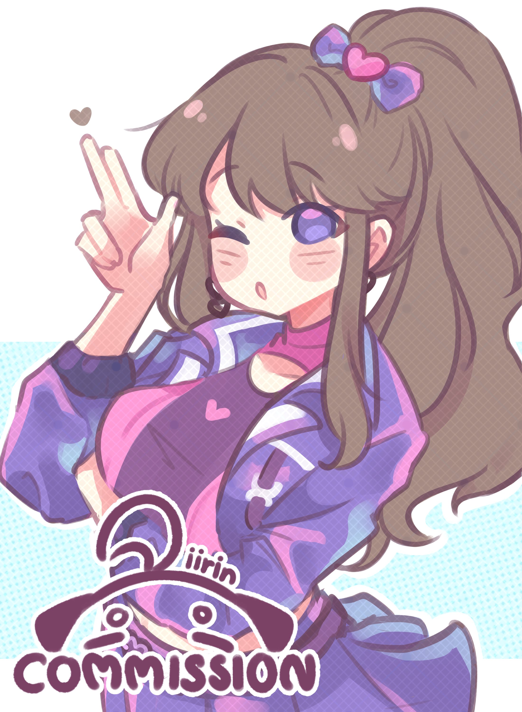 iirin, fujishima megumi, link! like! love live!, love live!, absurdres, commentary, commission, english commentary, highres, 1girl, ;o, above-cleavage cutout, alternate costume, arm under breasts, blast!! (love live!), blue background, bow, breasts, clothing cutout, collarbone, finger gun, hair bow, hair ornament, heart, heart hair ornament, high ponytail, jacket, large breasts, long hair, long sidelocks, long sleeves, looking at viewer, midriff, miniskirt, one eye closed, open clothes, open jacket, pink shirt, pleated skirt, polka dot, polka dot background, ponytail, purple bow, purple jacket, purple skirt, shirt, sidelocks, skirt, solo, virtual youtuber