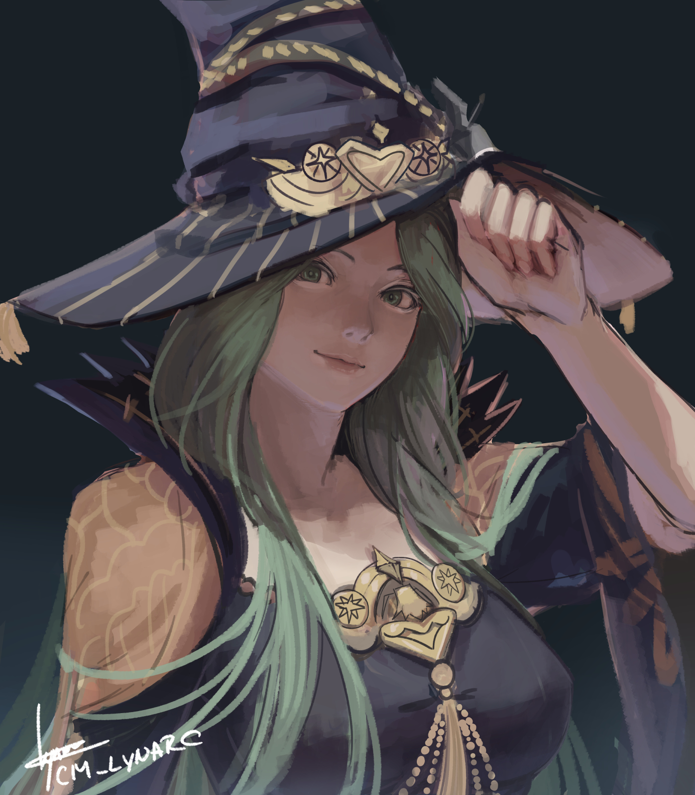 lynarc, rhea (fire emblem), rhea (halloween) (fire emblem), fire emblem, fire emblem: three houses, fire emblem heroes, nintendo, highres, 1girl, breasts, green hair, halloween, halloween costume, hat, large breasts, long hair, official alternate costume, witch, witch hat