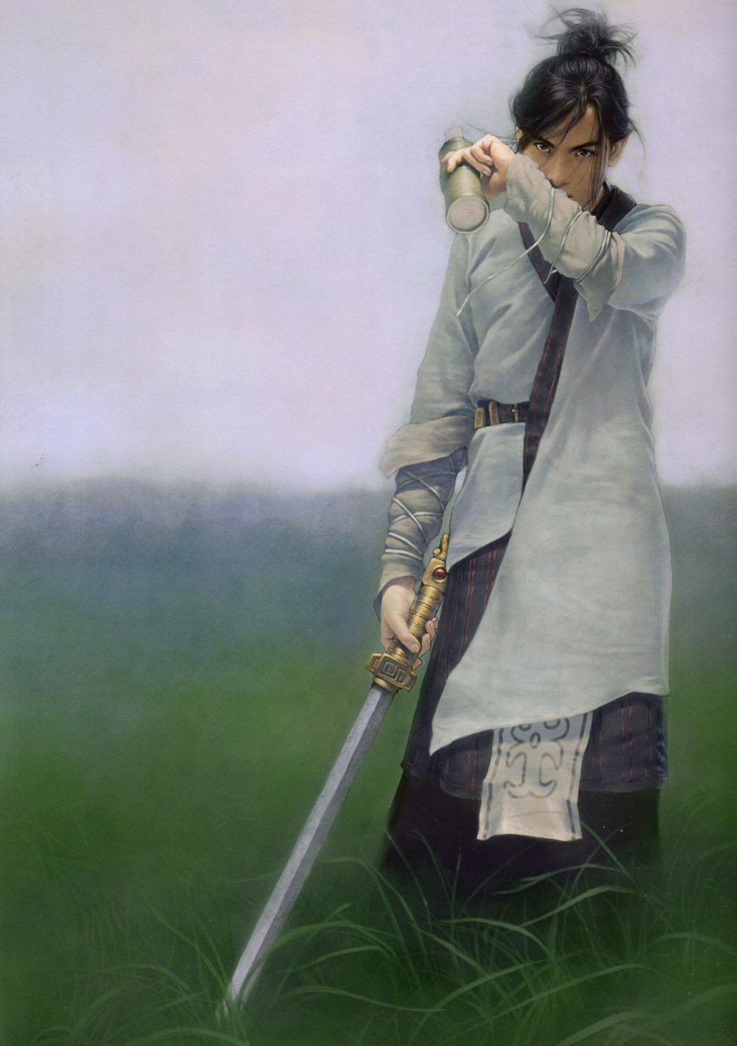 chen shu fen, highres, 1boy, black hair, bottle, grass, male focus, realistic, solo, sword, weapon