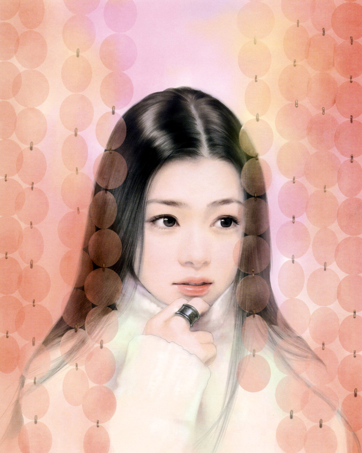 chen shu fen, highres, black hair, jewelry, long hair, realistic, ring, sweater, turtleneck