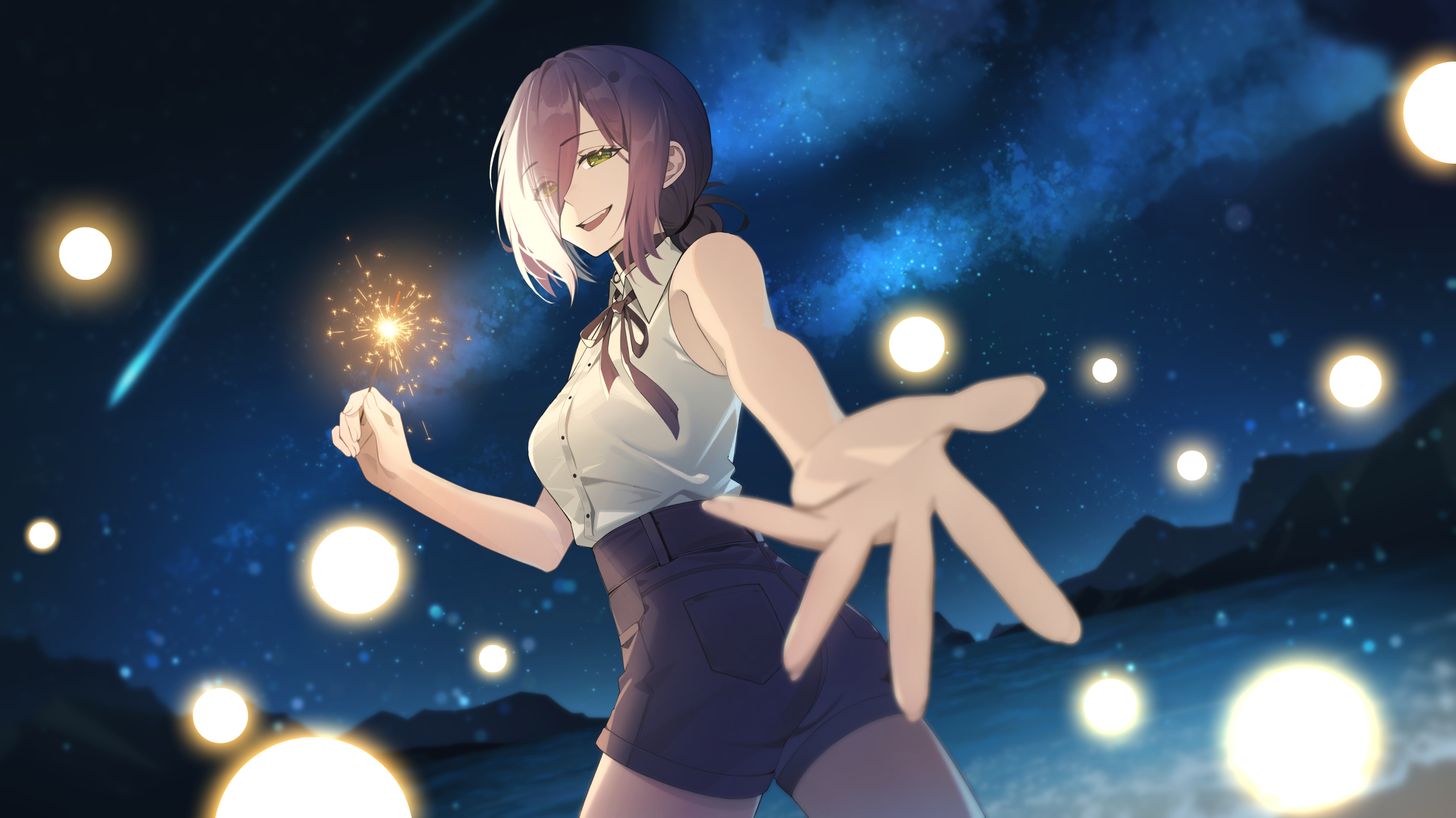 chou xxx, reze (chainsaw man), chainsaw man, highres, 1girl, aerial fireworks, black choker, black hair, black ribbon, black shorts, choker, fireworks, green eyes, hair bun, neck ribbon, night, ocean, offering hand, open mouth, outdoors, ribbon, shirt, shooting star, short shorts, shorts, sleeveless, sleeveless shirt, solo, white shirt