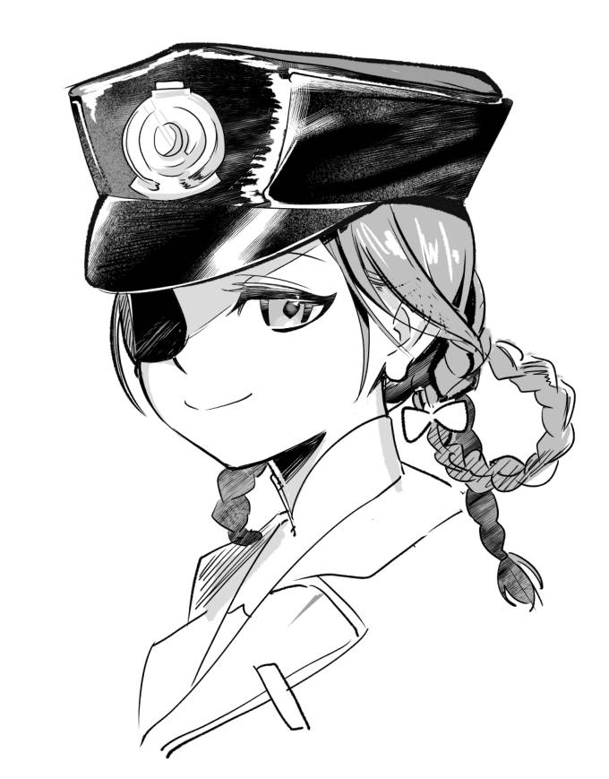 reverse:1999, 1girl, aima (reverse:1999), braid, braided hair rings, closed mouth, cropped head, eyepatch, greyscale, hair rings, hat, looking at viewer, monochrome, moroumo, one eye covered, peaked cap, portrait, smile, solo, white background