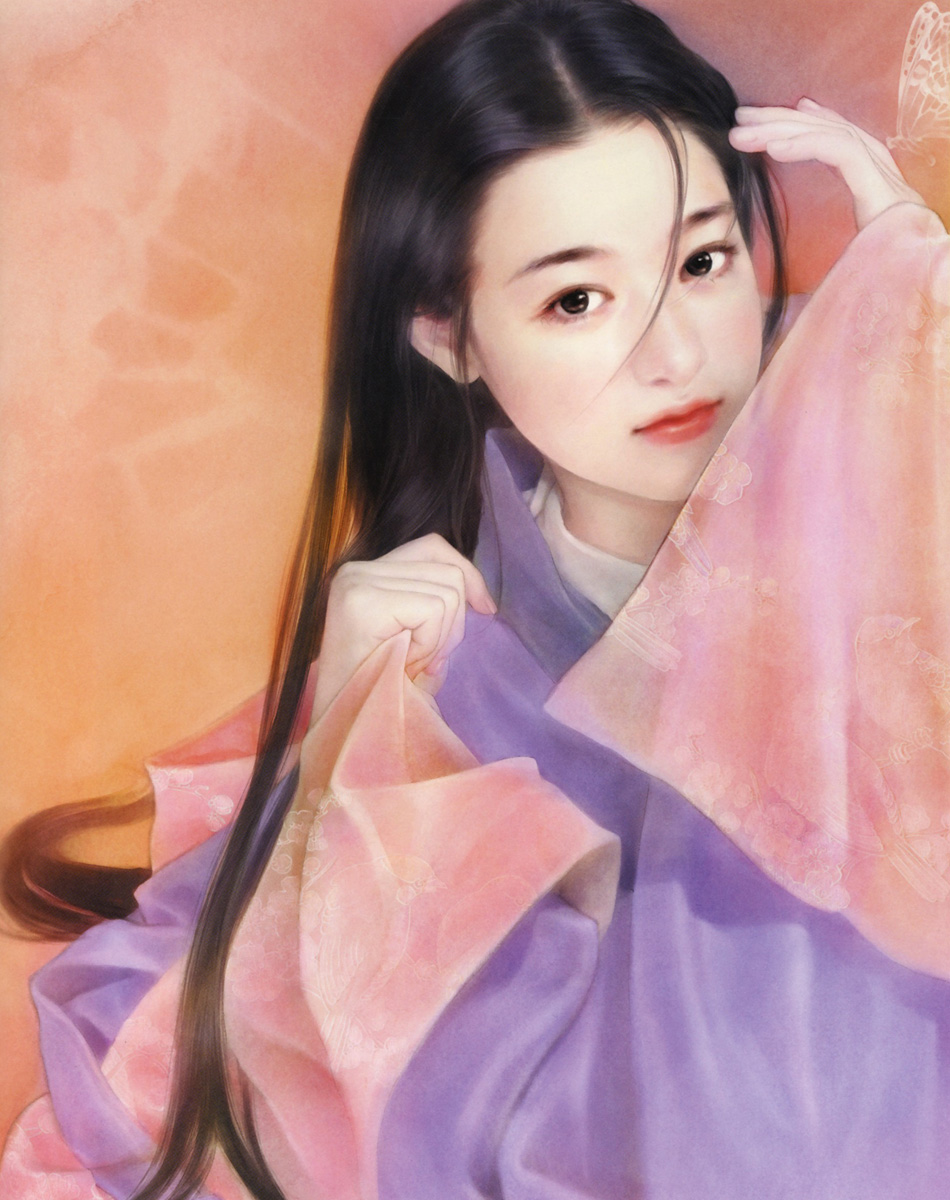 chen shu fen, highres, black hair, chinese clothes, hanfu, lipstick, long hair, makeup, realistic, smile, solo