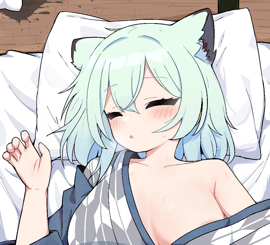 tagyeokgam, shigure (blue archive), shigure (hot spring) (blue archive), blue archive, 1girl, :o, animal ear fluff, animal ears, aqua hair, areola slip, blush, breasts, closed eyes, from above, grey kimono, hair between eyes, head on pillow, japanese clothes, kimono, large breasts, lying, on back, parted lips, pillow, single off shoulder, sleeping, solo, upper body, weasel ears