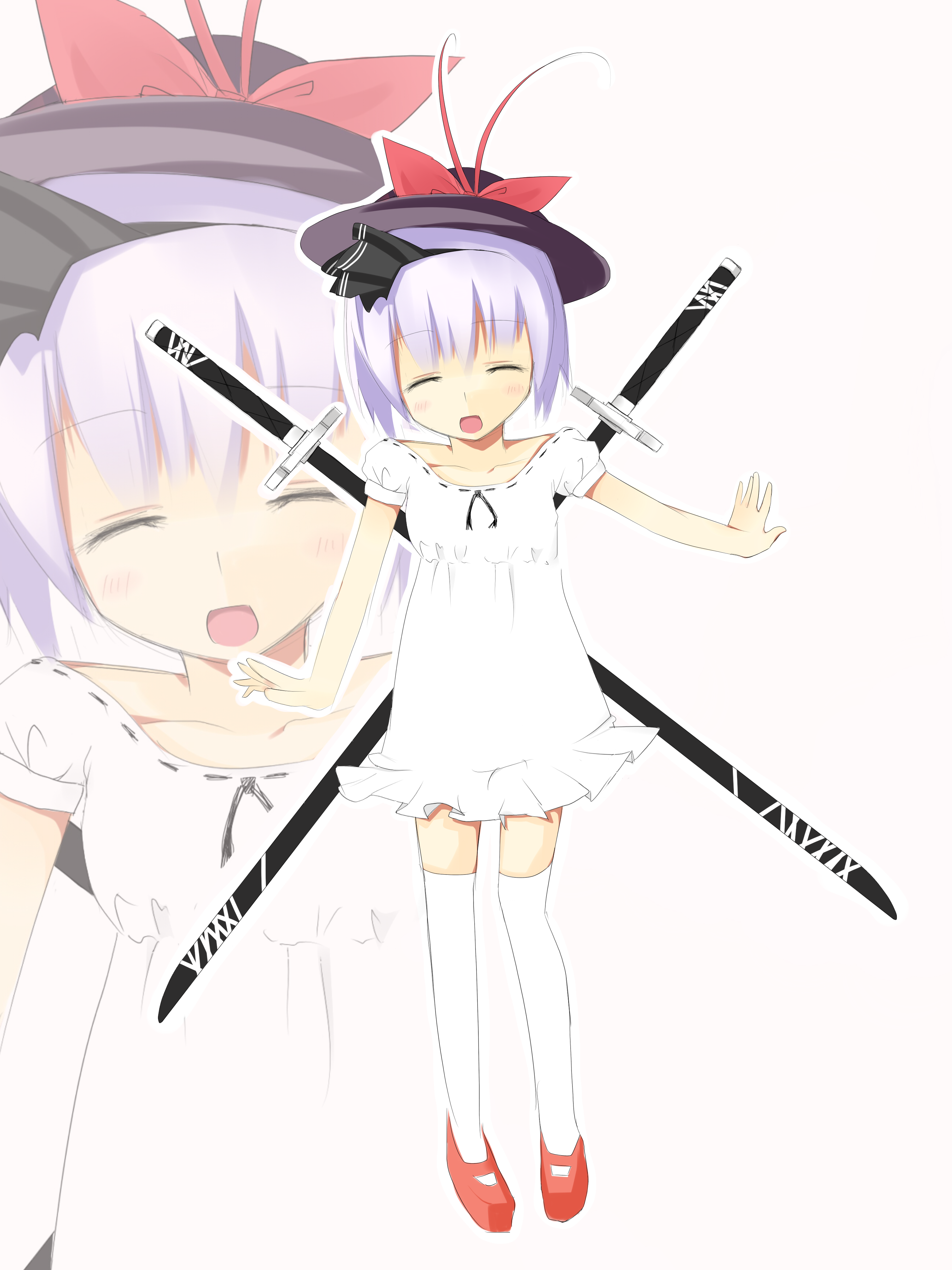 akesaka iku, konpaku youmu, nagae iku, touhou, absurdres, highres, 1girl, child, female focus, flat chest, hat, if they mated, katana, red shoes, ribbon, sheath, sheathed, shoes, solo, sword, thighhighs, weapon, white thighhighs, zoom layer