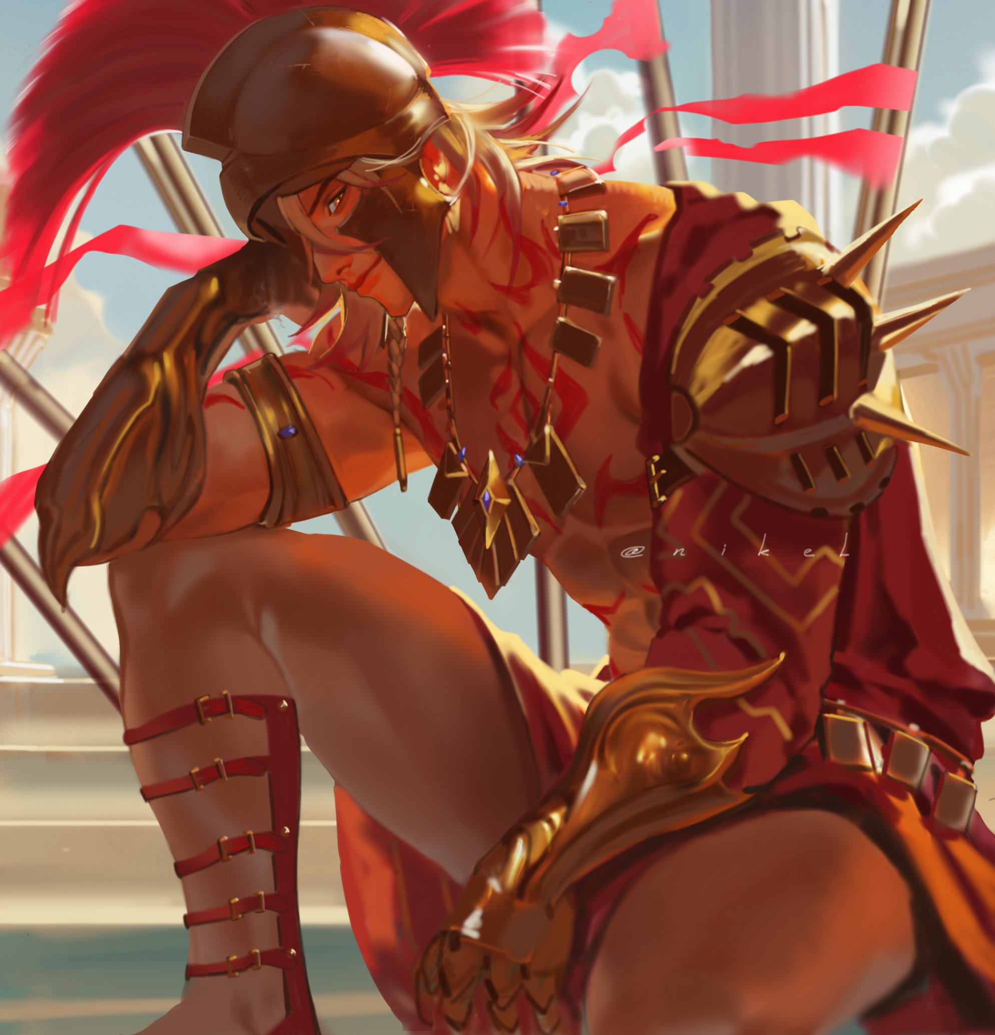 why all this, mydei (honkai: star rail), honkai: star rail, honkai (series), commentary, highres, 1boy, arm tattoo, armor, blonde hair, chest tattoo, clawed gauntlets, closed mouth, helmet, jewelry, looking at viewer, male focus, neck tattoo, necklace, red tattoo, roman armor, shoulder armor, smile, solo, tattoo, thighs, twitter username