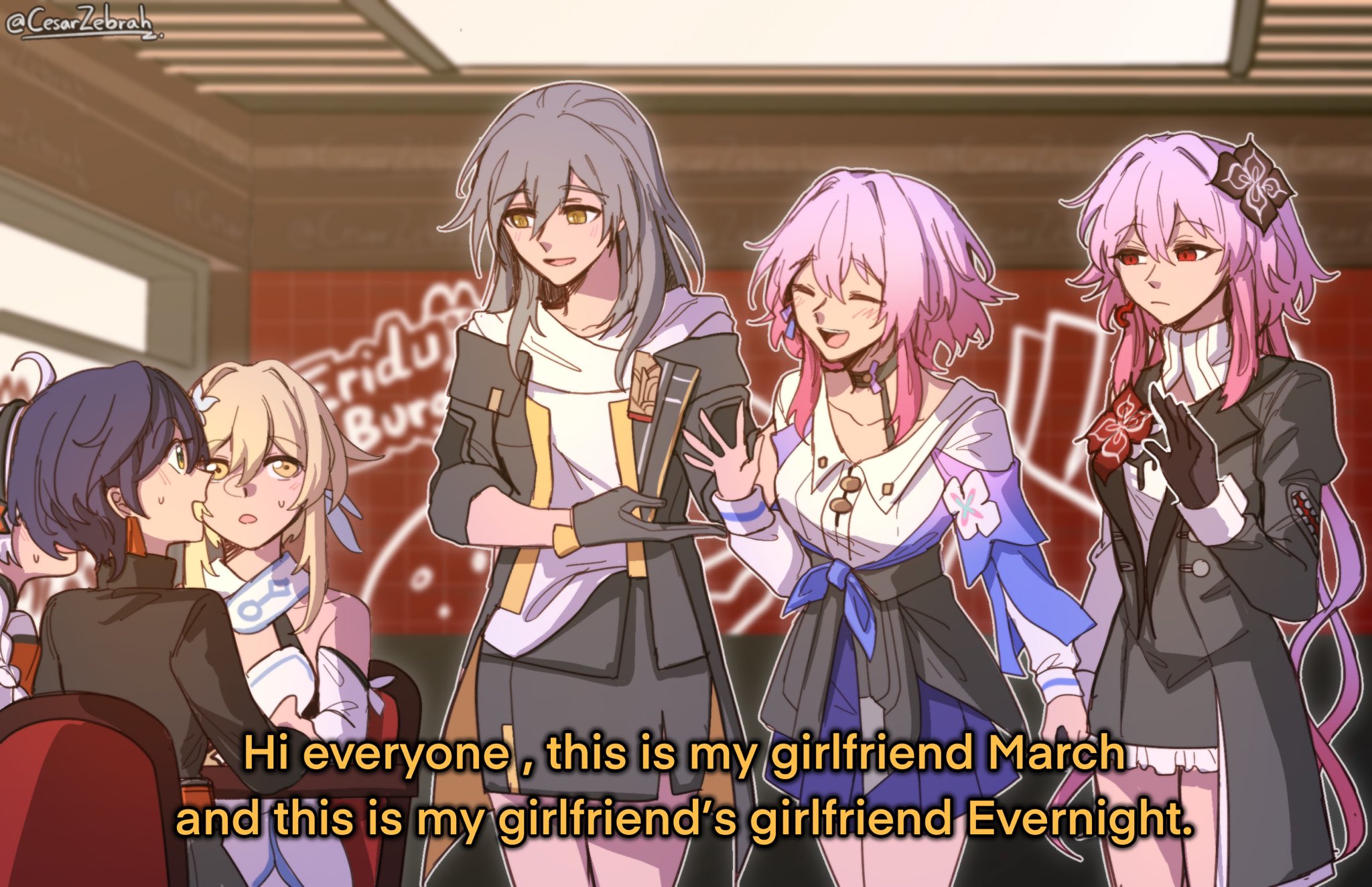 cesar zebrah, belle (zenless zone zero), evernight (honkai: star rail), kiana kaslana, kiana kaslana (white comet), lumine (genshin impact), march 7th (honkai: star rail), march 7th (preservation) (honkai: star rail), stelle (honkai: star rail), trailblazer (honkai: star rail), genshin impact, honkai: star rail, honkai (series), honkai impact 3rd, zenless zone zero, commentary, english commentary, highres, tagme, 6+girls, blonde hair, blue hair, english text, grey hair, long hair, multiple girls, pink hair, red eyes, restaurant, yellow eyes