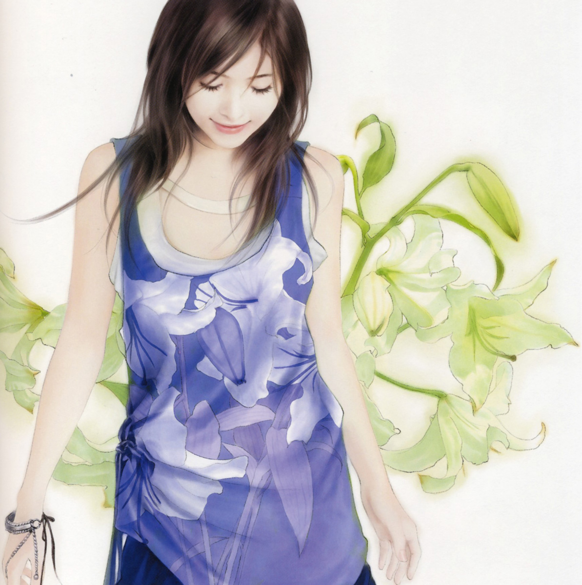 chen shu fen, highres, brown hair, closed eyes, dress, flower, long hair, realistic, smile, solo