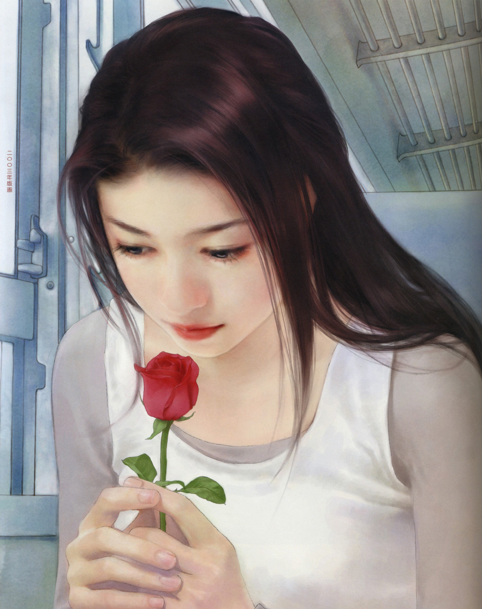 chen shu fen, highres, brown hair, flower, long hair, realistic, rose, smelling, smelling flower, solo