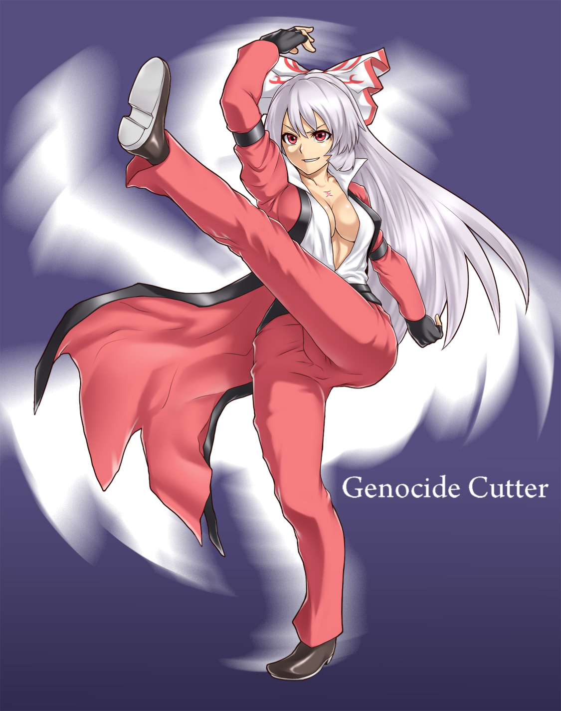 houtengeki, fujiwara no mokou, rugal bernstein, snk, the king of fighters, touhou, silver hair, highres, 1girl, breasts, cosplay, female focus, genocide cutter, high kick, hou takashi ji, kicking, long hair, parody, ribbon, rugal bernstein (cosplay), solo