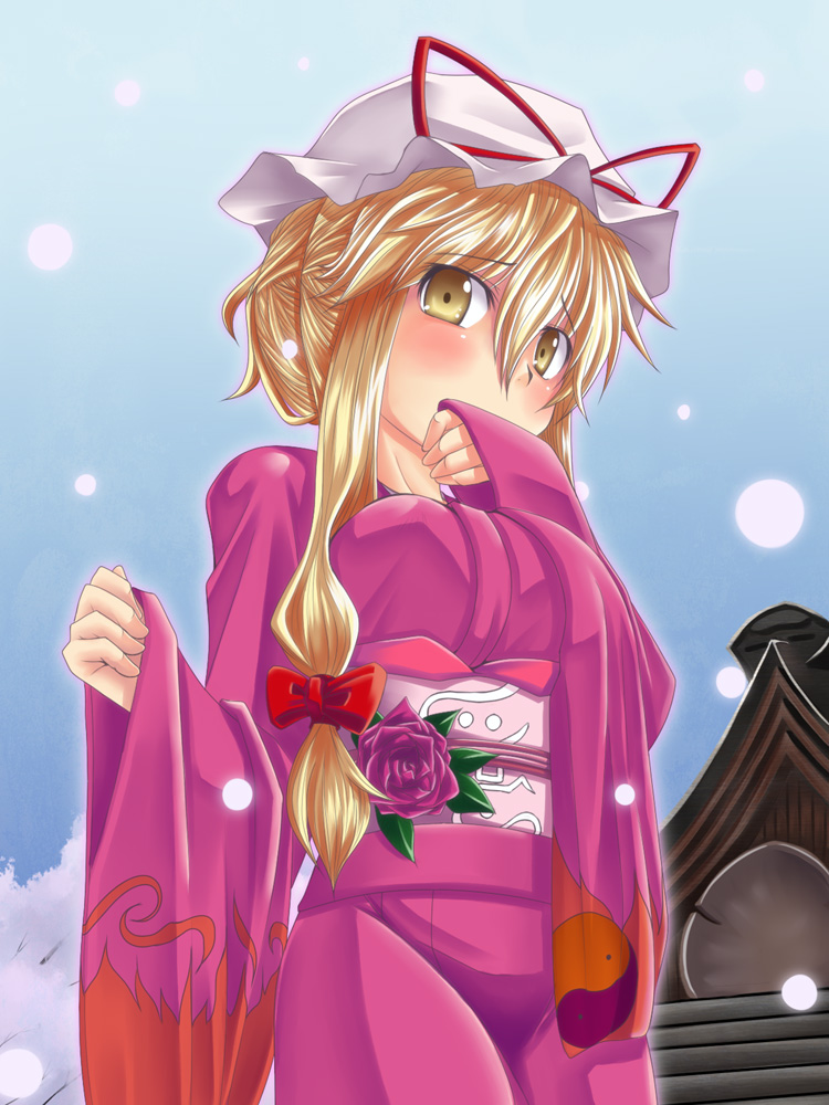kuon846, kuon yashiro, sha (pixiv), yakumo yukari, touhou, 1girl, alternate hairstyle, blonde hair, blush, female focus, flower, hat, japanese clothes, kimono, long hair, ribbon, solo