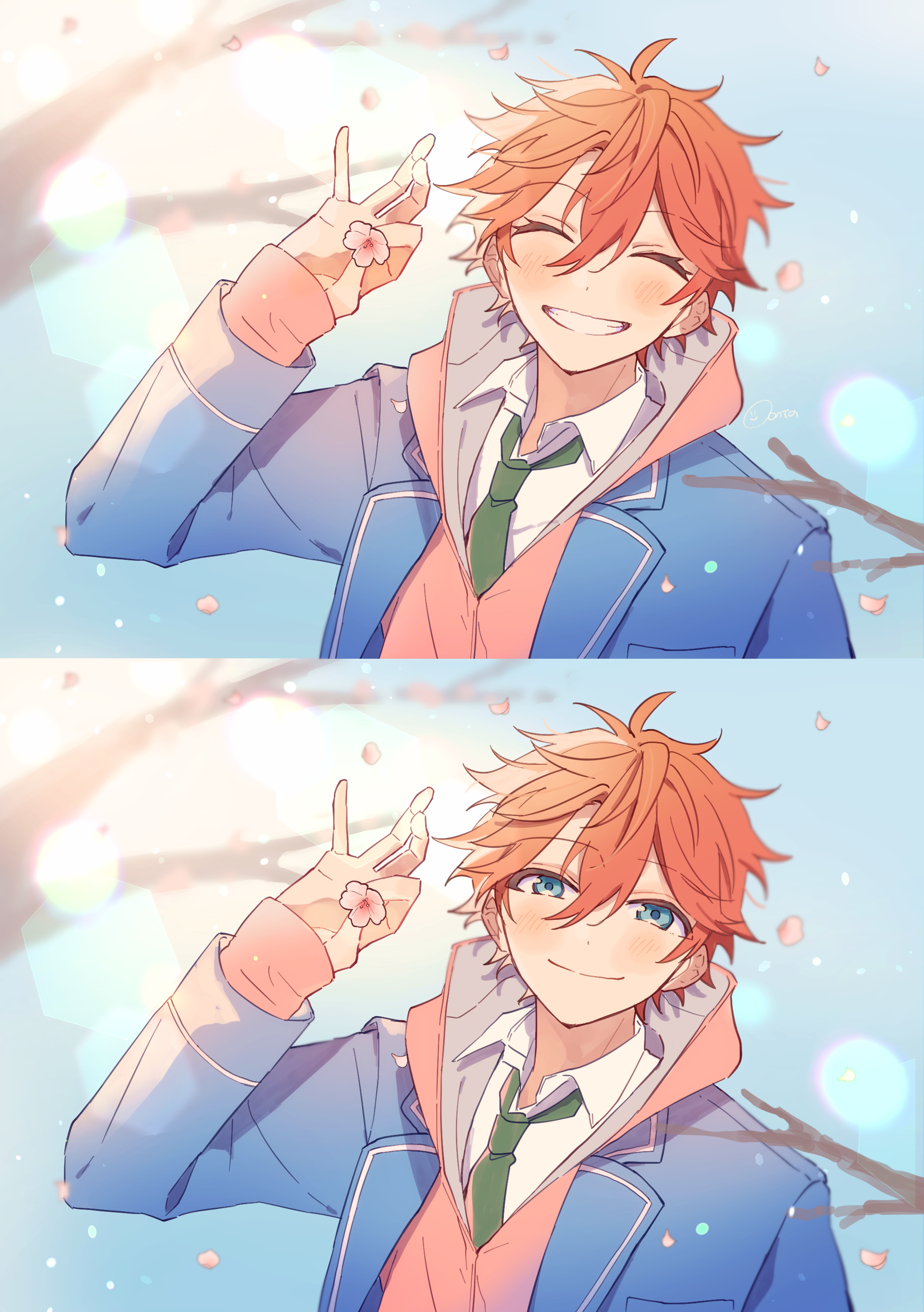 zu tonatuyasumi, akehoshi subaru, ensemble stars!, absurdres, highres, 1boy, arm up, blue eyes, blue jacket, blurry, blurry background, bokeh, closed mouth, depth of field, falling petals, flower, green necktie, hair between eyes, holding, holding flower, hood, hooded jacket, jacket, long sleeves, looking at viewer, male focus, military uniform, multiple views, necktie, open clothes, open jacket, orange hair, petals, pink jacket, school uniform, short hair, upper body, yumenosaki school uniform