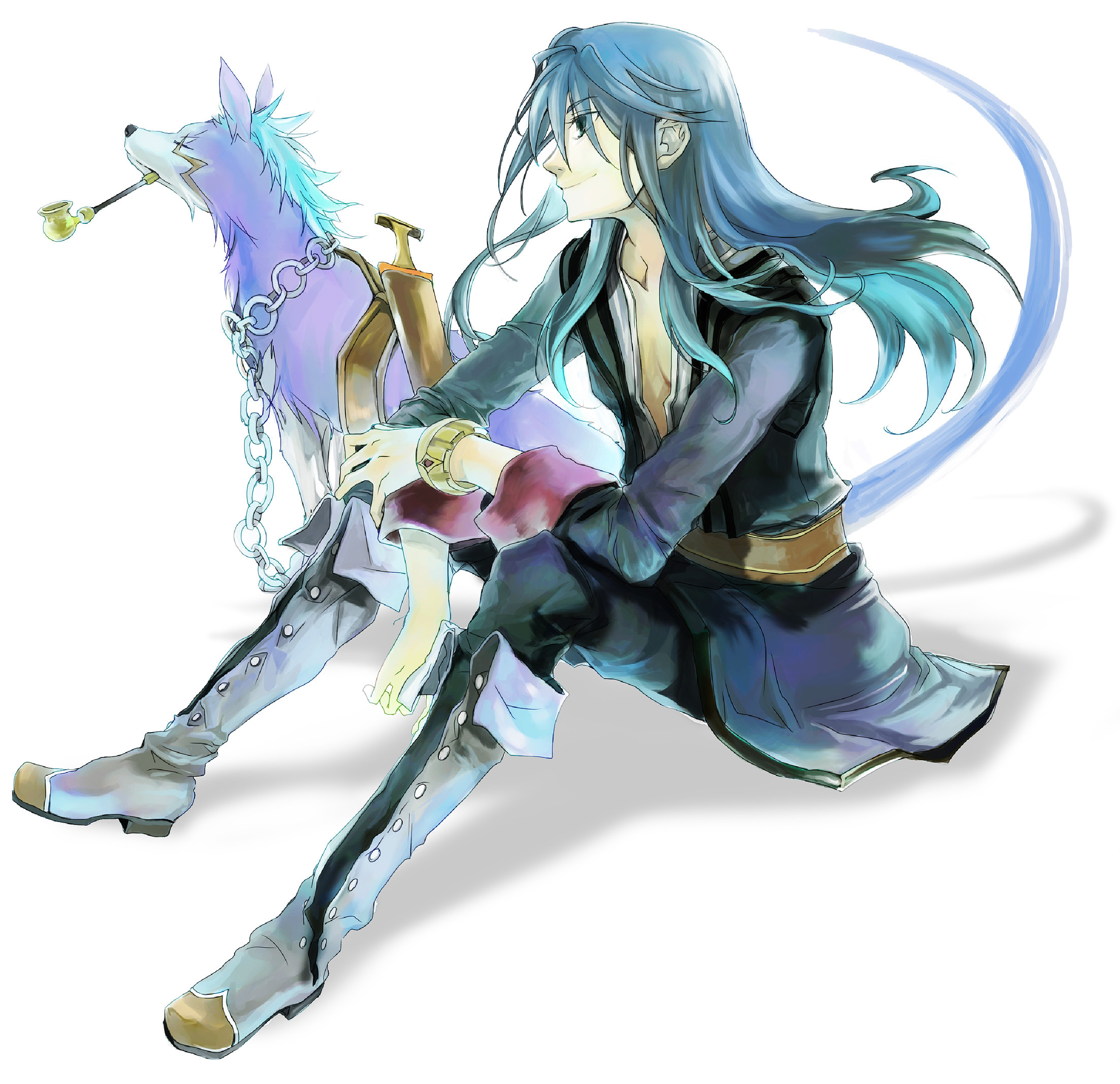 mooche, repede (tales), yuri lowell, tales of (series), tales of vesperia, highres, md5 mismatch, 00s, 1boy, black hair, boots, bracelet, chain, dog, grey boots, jewelry, kiseru, knee boots, long hair, male focus, pipe in mouth, smile, smoking, smoking pipe, solo, sword, weapon, white background