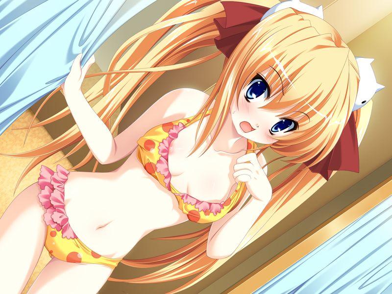 inuhiko, komatsugawa alice, hare hare harem, game cg, jpeg artifacts, non-web source, 1girl, :o, bikini, bikini pull, blonde hair, blue eyes, blush, bra, bra pull, breasts, clothes pull, dressing room, dutch angle, embarrassed, female focus, flat chest, frilled bikini, frills, lingerie, long hair, nipple slip, nipples, open mouth, polka dot, polka dot bikini, polka dot swimsuit, small breasts, solo, surprised, swimsuit, twintails, underwear