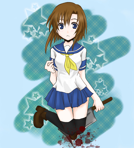 ryuuguu rena, higurashi no naku koro ni, 00s, 1girl, billhook, blood, blue eyes, brown hair, female focus, hashitsuki nata, hatchet, nata (tool), school uniform, serafuku, short hair, solo, thighhighs