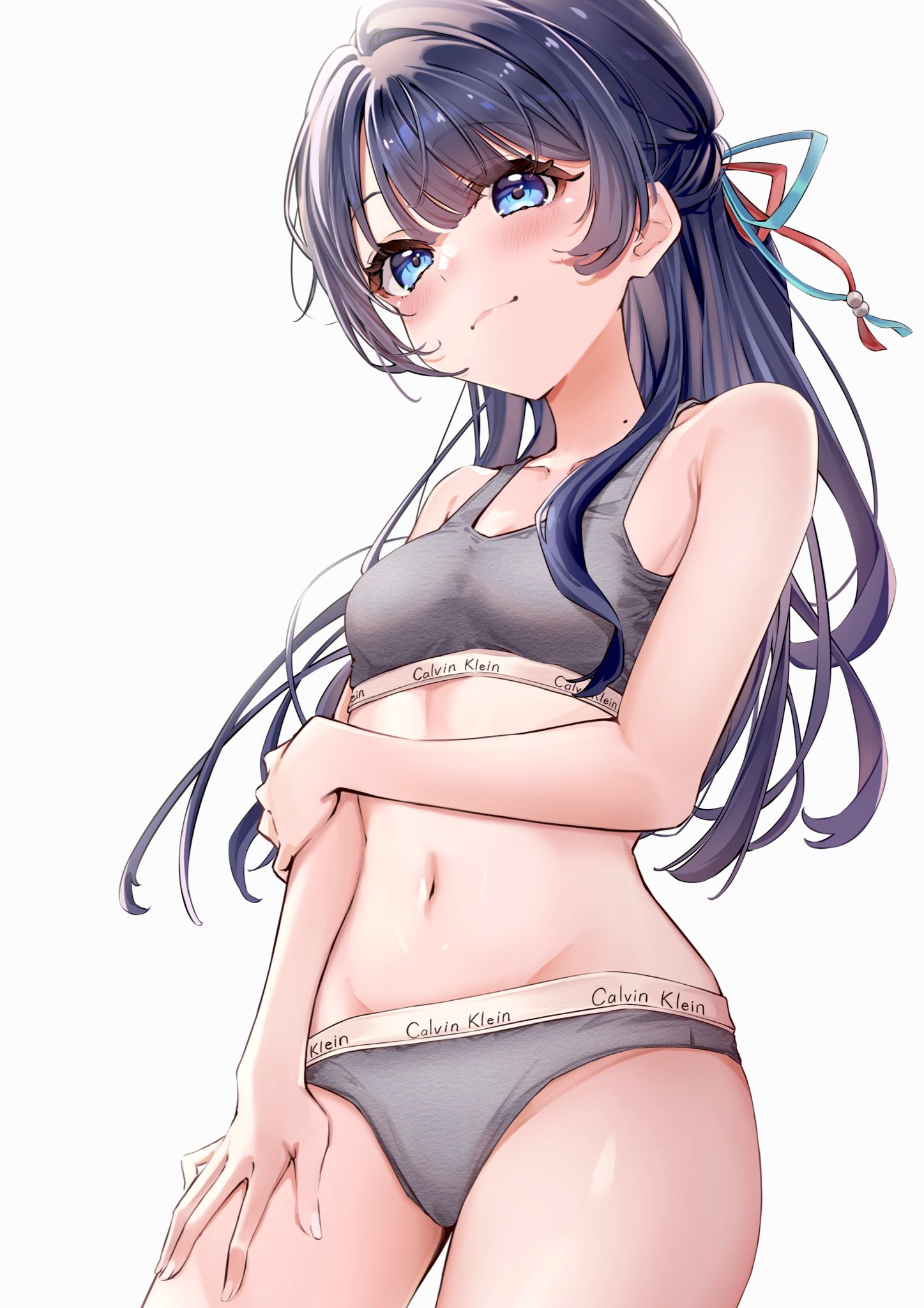 frontrivers kae, murano sayaka, calvin klein, link! like! love live!, love live!, commentary request, highres, 1girl, alternate costume, bare shoulders, blue eyes, blue hair, braid, breasts, clothes writing, collarbone, cowboy shot, grey panties, grey sports bra, half up braid, half updo, hand on own thigh, linea alba, long hair, mole, mole on neck, navel, panties, simple background, small breasts, solo, sports bra, stomach, underwear, underwear only, underwear writing, virtual youtuber, white background