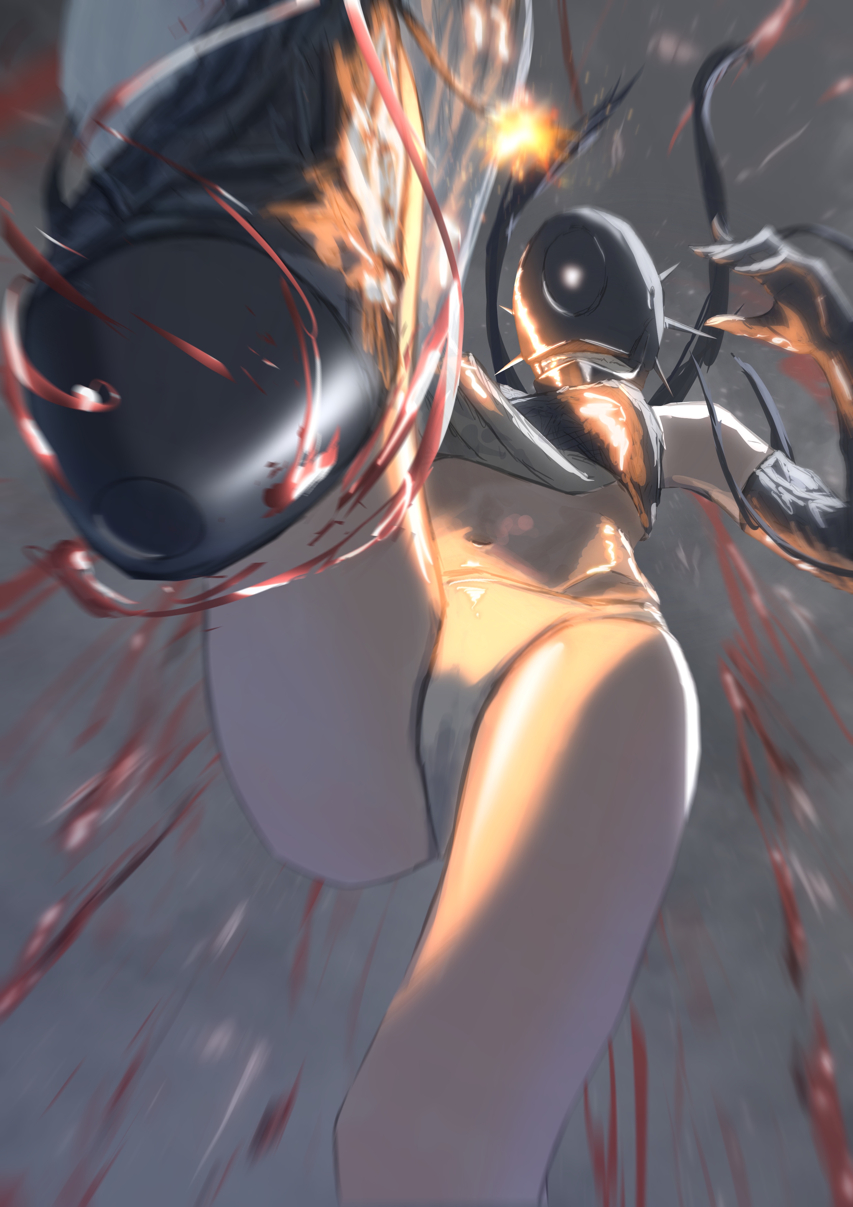 bomb devil (chainsaw man), chainsaw man, absurdres, highres, 1girl, black gloves, blood, bomb, elbow gloves, explosive, from below, gloves, grey background, navel, object head, panties, rurara987, solo, underwear, white panties