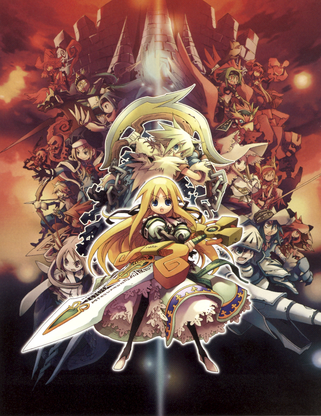 kiyuzuki satoko, cruz (yggdra union), durant, durant (yggdra union), elena (yggdra union), gordon (yggdra union), kylier (yggdra union), milanor (yggdra union), nietzsche (yggdra union), rosary (yggdra union), roswell (yggdra union), yggdra yuril artwaltz, nintendo, pokemon, yggdra union, highres, official art, 6+boys, 6+girls, armor, armored dress, blonde hair, dress, fins, gen 5 pokemon, head fins, huge weapon, multiple boys, multiple girls, pokemon (creature), sword, weapon