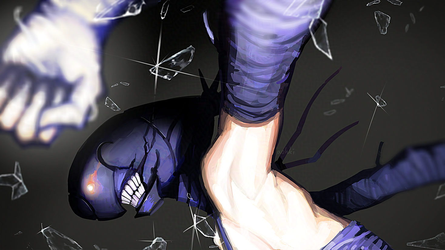 waterstaring, bomb devil (chainsaw man), chainsaw man, commentary request, 1girl, arm up, armpits, clenched hand, elbow gloves, glass shards, gloves, grey background, object head, purple gloves, solo, teeth