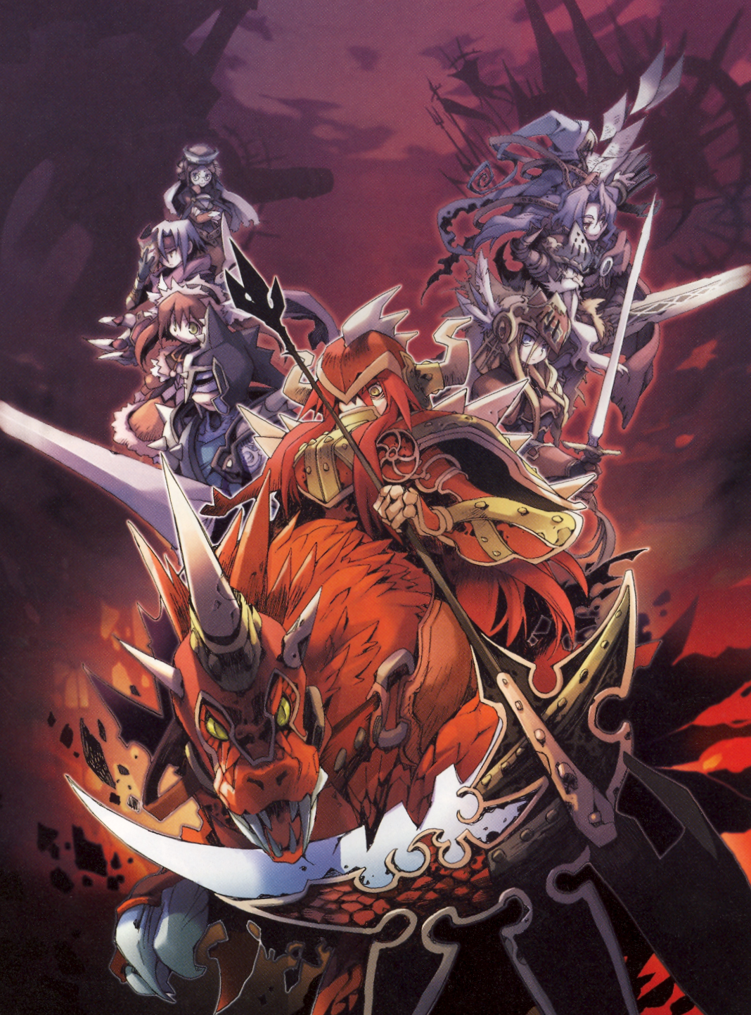 eudy, kiyuzuki satoko, leon, aegina (yggdra union), baldus (yggdra union), emilia, emilia (yggdra union), gulcasa (yggdra union), nessiah (yggdra union), russell (yggdra union), zilva, yggdra union, annotation request, highres, official art, 4boys, 5girls, book, multiple boys, multiple girls, paper, scythe