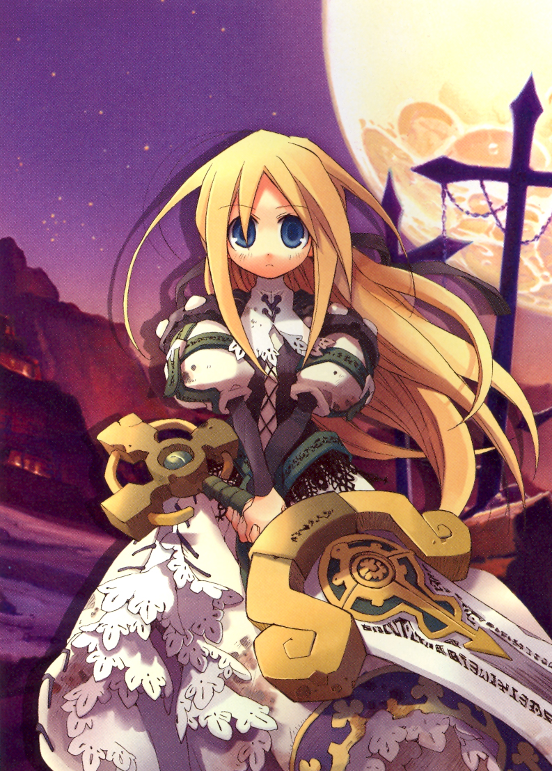 kiyuzuki satoko, yggdra yuril artwaltz, yggdra union, official art, 1girl, armor, armored dress, blonde hair, blue eyes, dress, huge weapon, sword, weapon