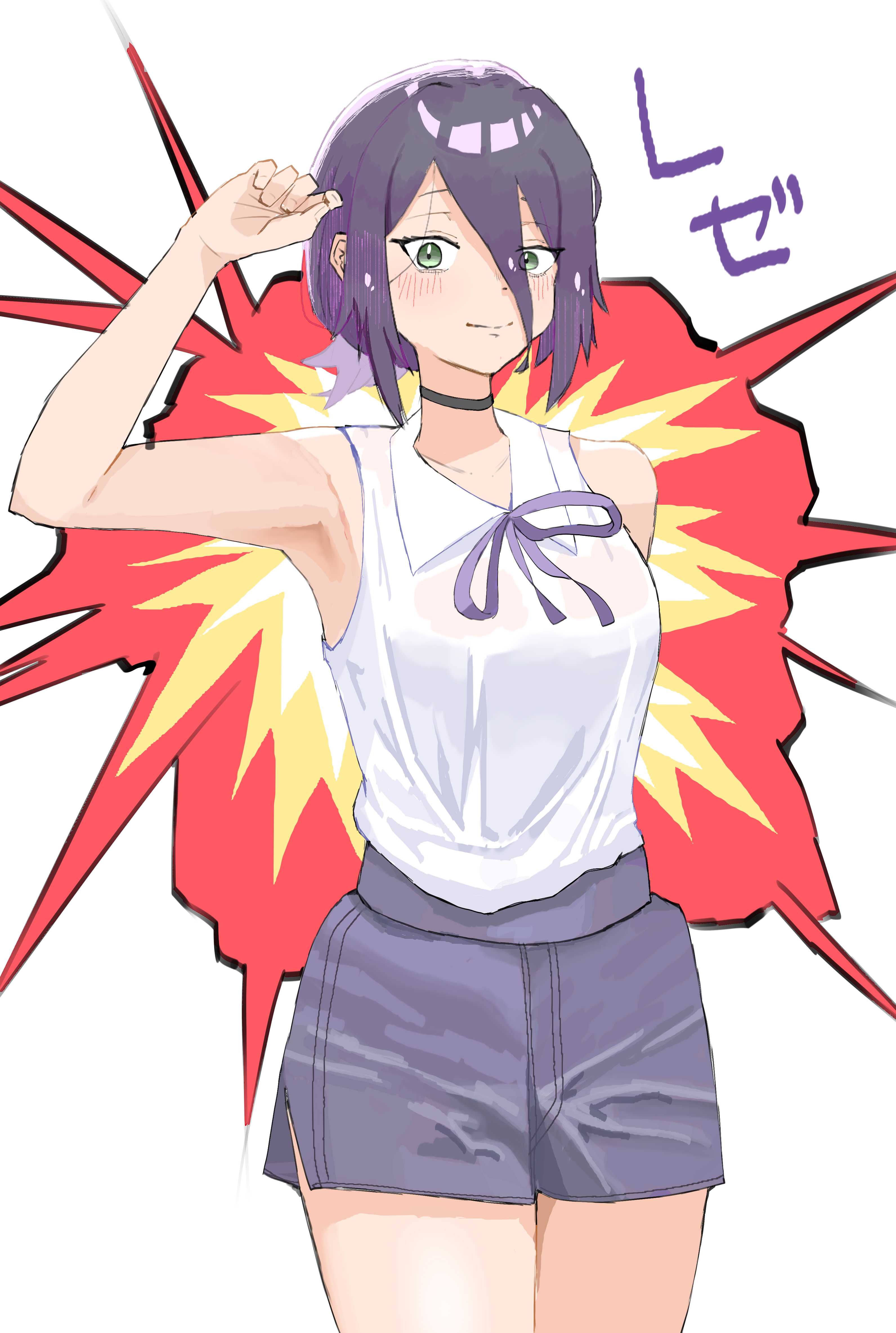 baba yu taka, reze (chainsaw man), chainsaw man, absurdres, highres, 1girl, arm up, black choker, black hair, choker, closed mouth, explosion, explosion background, green eyes, grey shorts, hair between eyes, looking at viewer, neck ribbon, purple ribbon, ribbon, shirt, shirt tucked in, shorts, sleeveless, sleeveless shirt, solo, white shirt