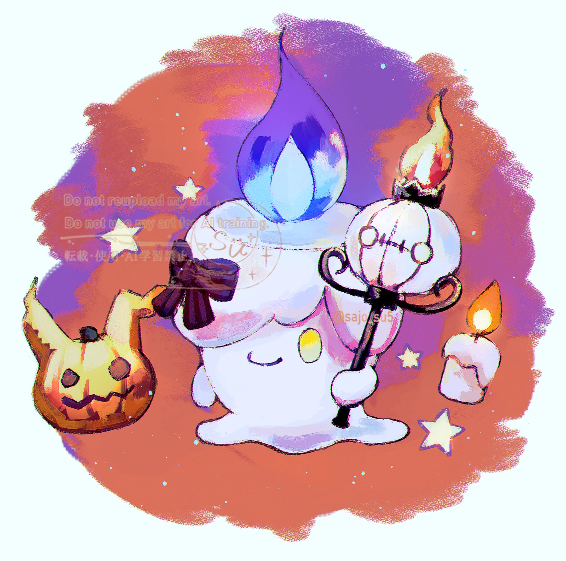 su (sajo su5), chandelure, litwick, mimikyu, nintendo, pokemon, highres, blue fire, candle, closed mouth, fire, full body, gen 5 pokemon, gen 7 pokemon, holding, holding staff, no humans, pokemon (creature), pokemon focus, pumpkin, purple fire, smile, staff, star (symbol), yellow eyes