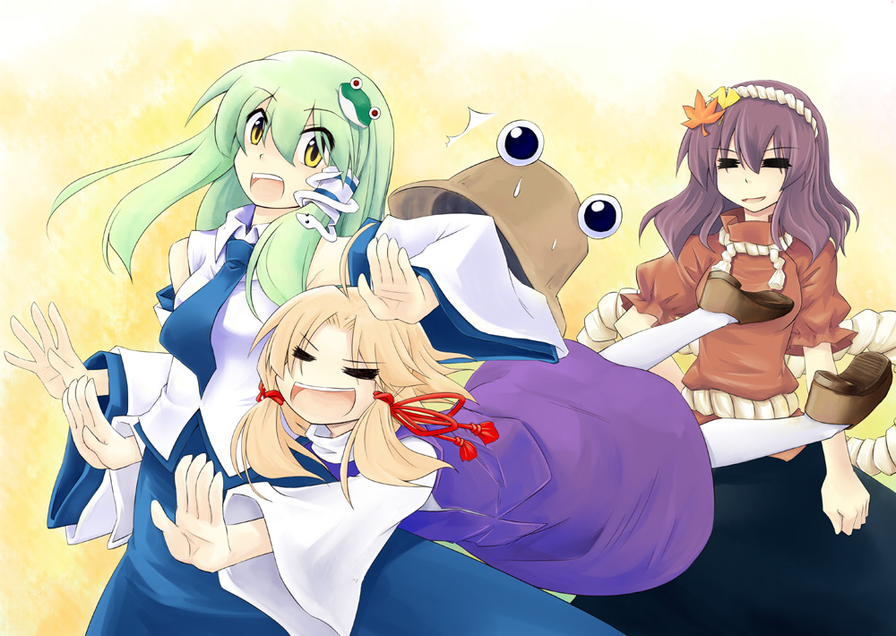 hitsujin, kochiya sanae, moriya suwako, yasaka kanako, touhou, 3girls, = =, female focus, glomp, gradient background, hat, hug, multiple girls, skirt, tackle, white background