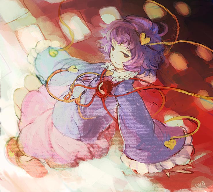iwamoto zerogo, komeiji satori, touhou, 1girl, eyeball, female focus, heart, purple hair, short hair, skirt, slippers, smile, solo, third eye