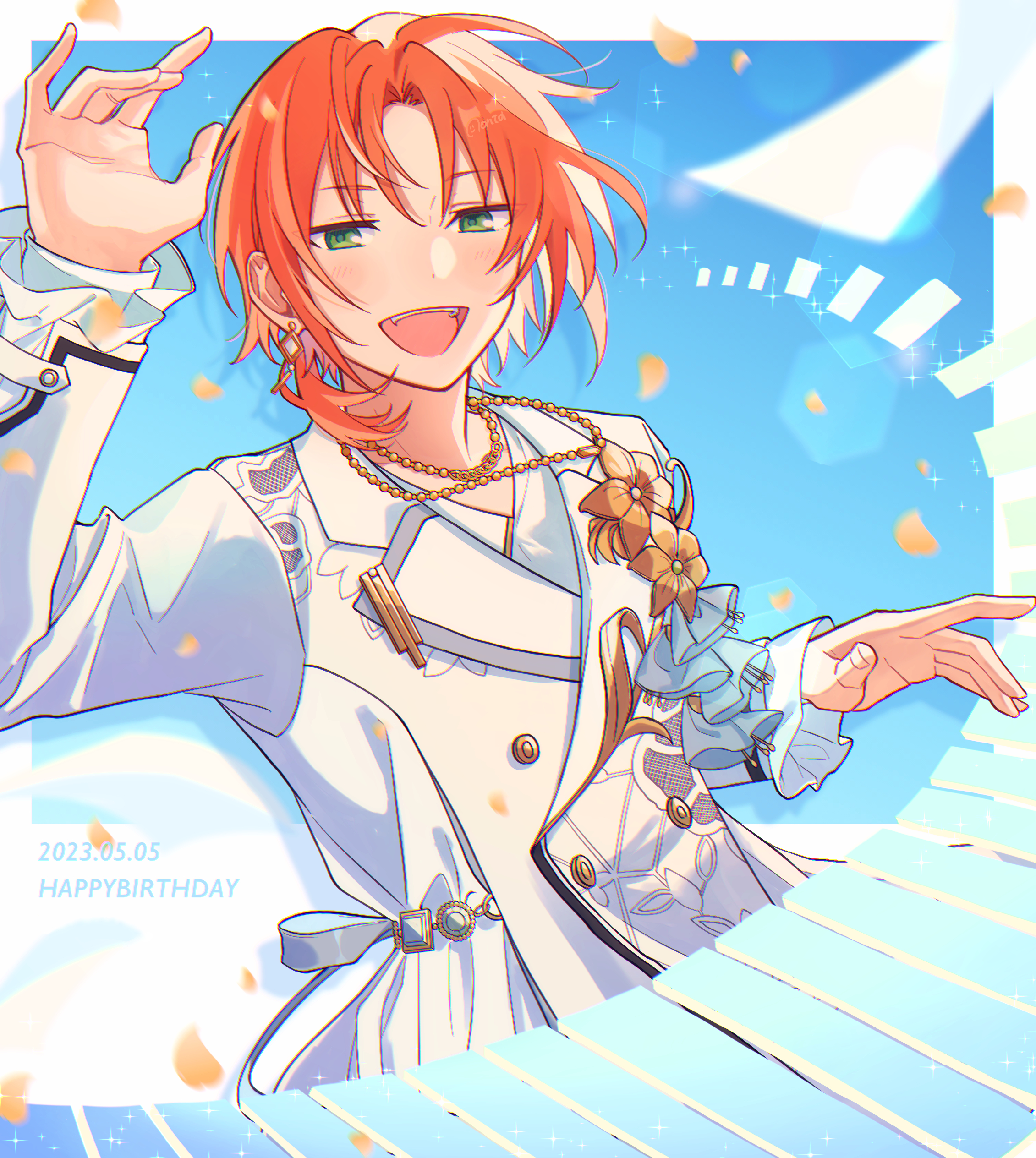 zu tonatuyasumi, tsukinaga leo, ensemble stars!, absurdres, highres, 1boy, ahoge, arm up, blue sky, border, brooch, dated, flower brooch, green eyes, hair between eyes, happy birthday, jacket, jewelry, long sleeves, looking at viewer, low ponytail, male focus, medium hair, open mouth, orange hair, parted bangs, ponytail, short ponytail, sky, smile, solo, teeth, upper teeth only, white border, white jacket