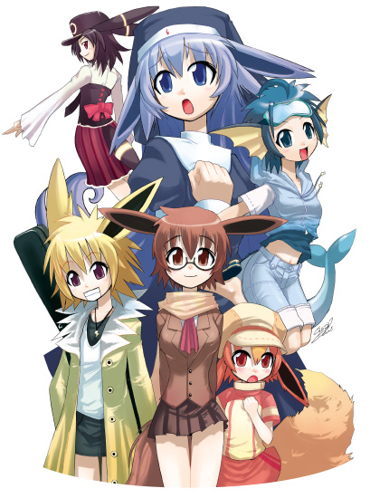 eevee, espeon, flareon, jolteon, umbreon, vaporeon, nintendo, pokemon, artist request, 6+girls, animal ears, blue eyes, brown eyes, costume, fins, fish tail, gen 1 pokemon, gen 2 pokemon, glasses, hat, multiple girls, personification, red eyes, scarf, smile, tail, vaporeon tail
