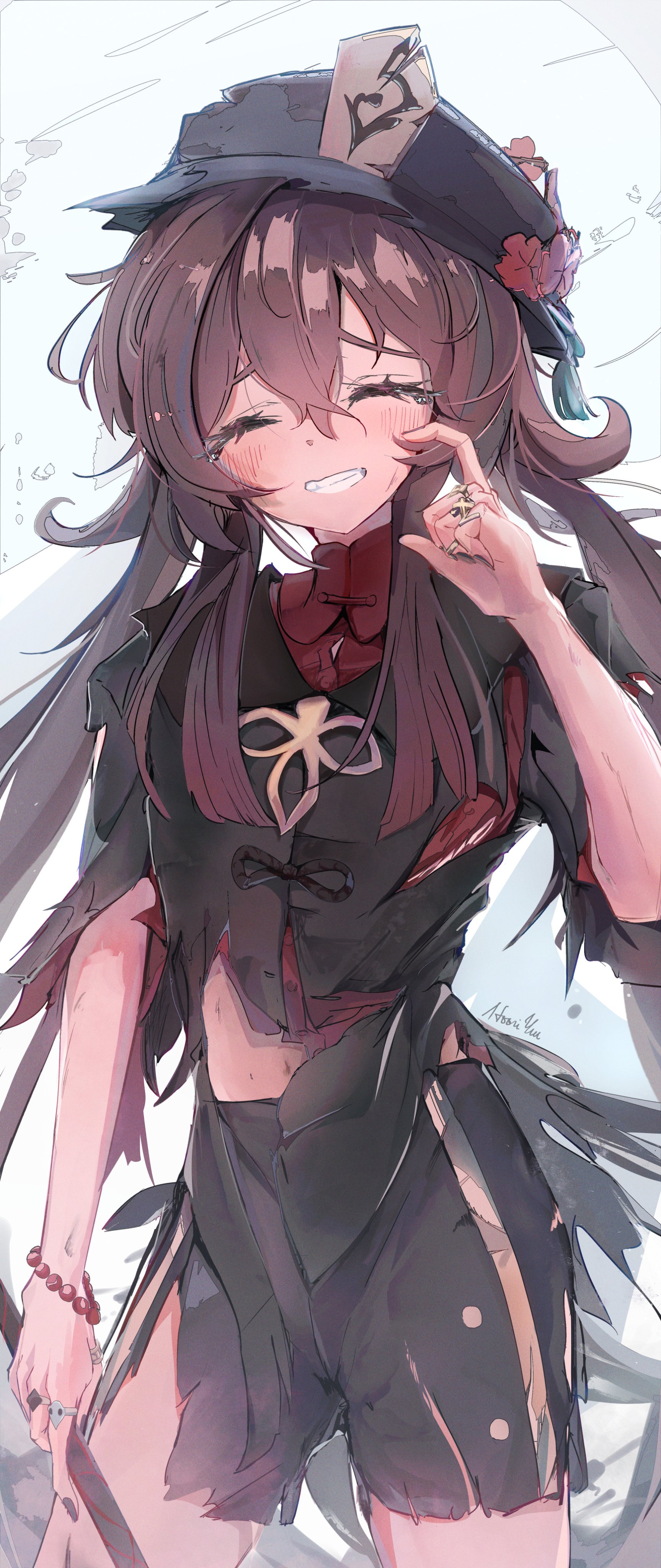 hooriyuu, hu tao (genshin impact), genshin impact, absurdres, highres, 1girl, bead bracelet, beads, black hat, black nails, black shorts, bracelet, brown hair, chinese clothes, closed eyes, flower, hat, holding, holding weapon, jewelry, long hair, plum blossoms, ring, shirt, short shorts, shorts, smile, solo, staff of homa (genshin impact), torn clothes, torn shirt, torn shorts, twintails, very long hair, weapon