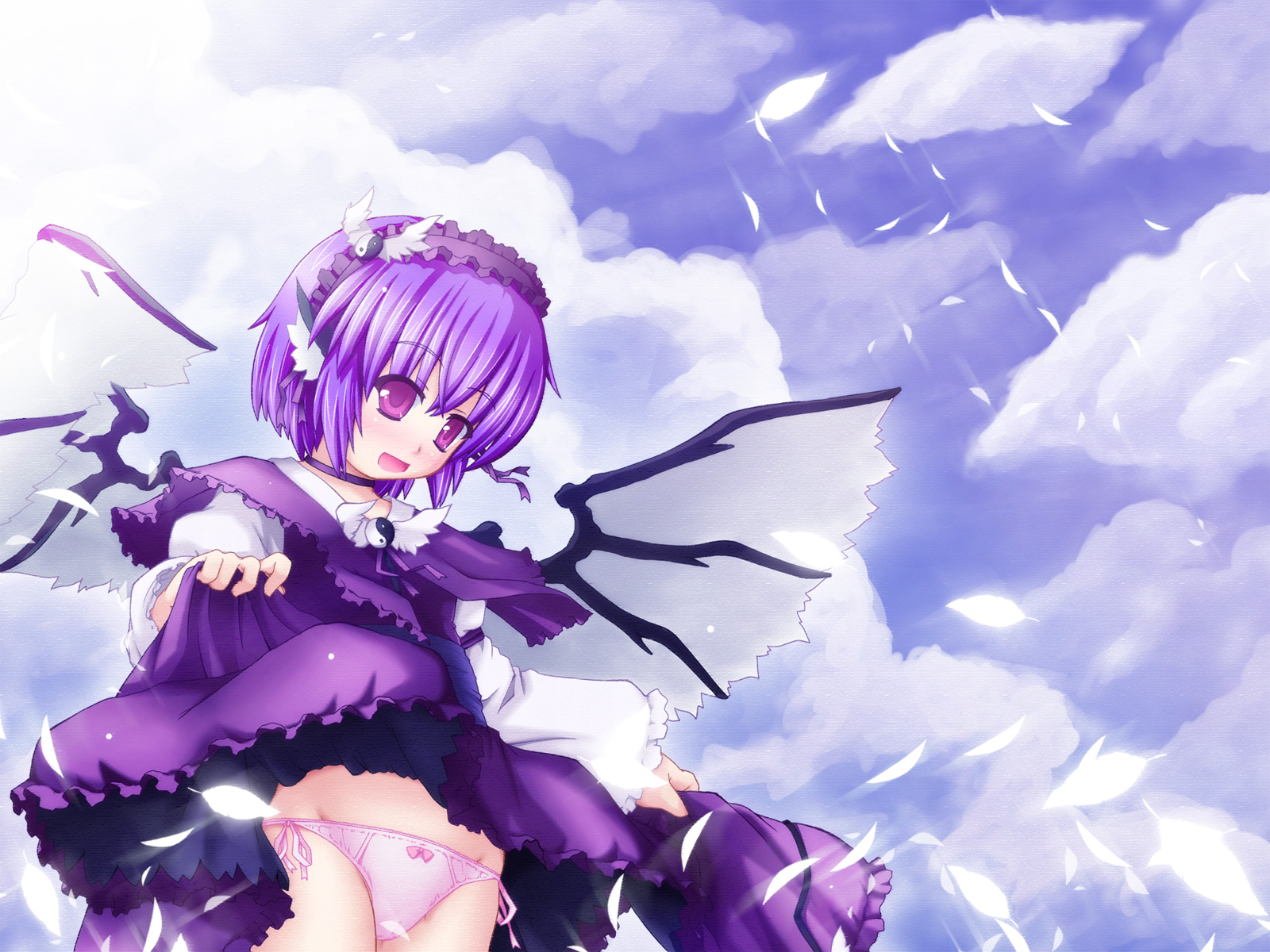 etogami kazuya, mystia lorelei, touhou, highres, 1girl, clothes lift, cloud, day, dress, dress lift, female focus, outdoors, panties, sky, solo, underwear