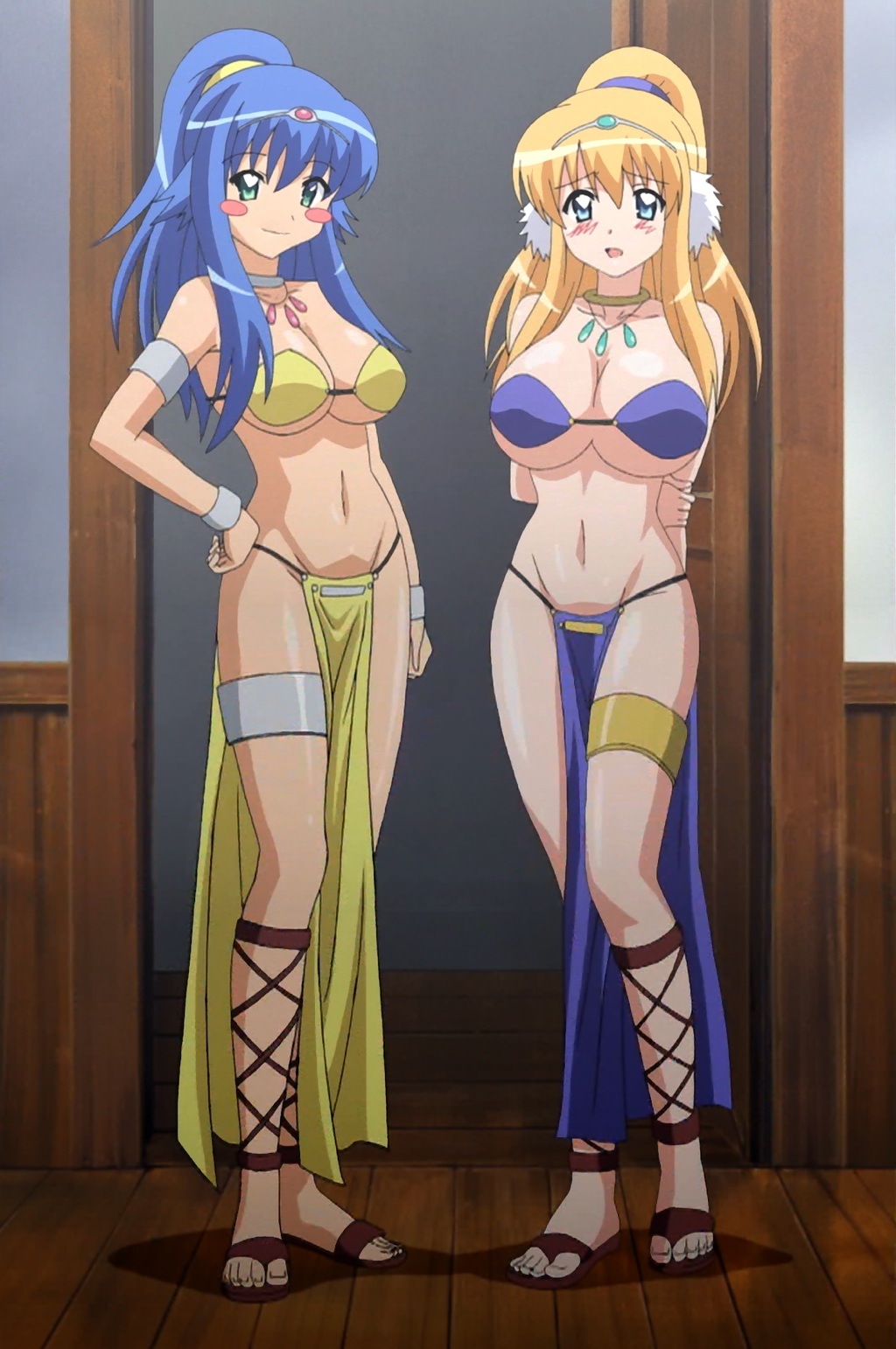 sylpheed, tiffania westwood, zero no tsukaima, anime screenshot, highres, stitched, third-party edit, 00s, 2girls, bikini, blonde hair, blue eyes, blue hair, breasts, circlet, dancer, feet, green eyes, huge breasts, jewelry, large breasts, legs, loincloth, long hair, lots of jewelry, multiple girls, navel, ponytail, sandals, strap gap, swimsuit, tiara, toes, underboob