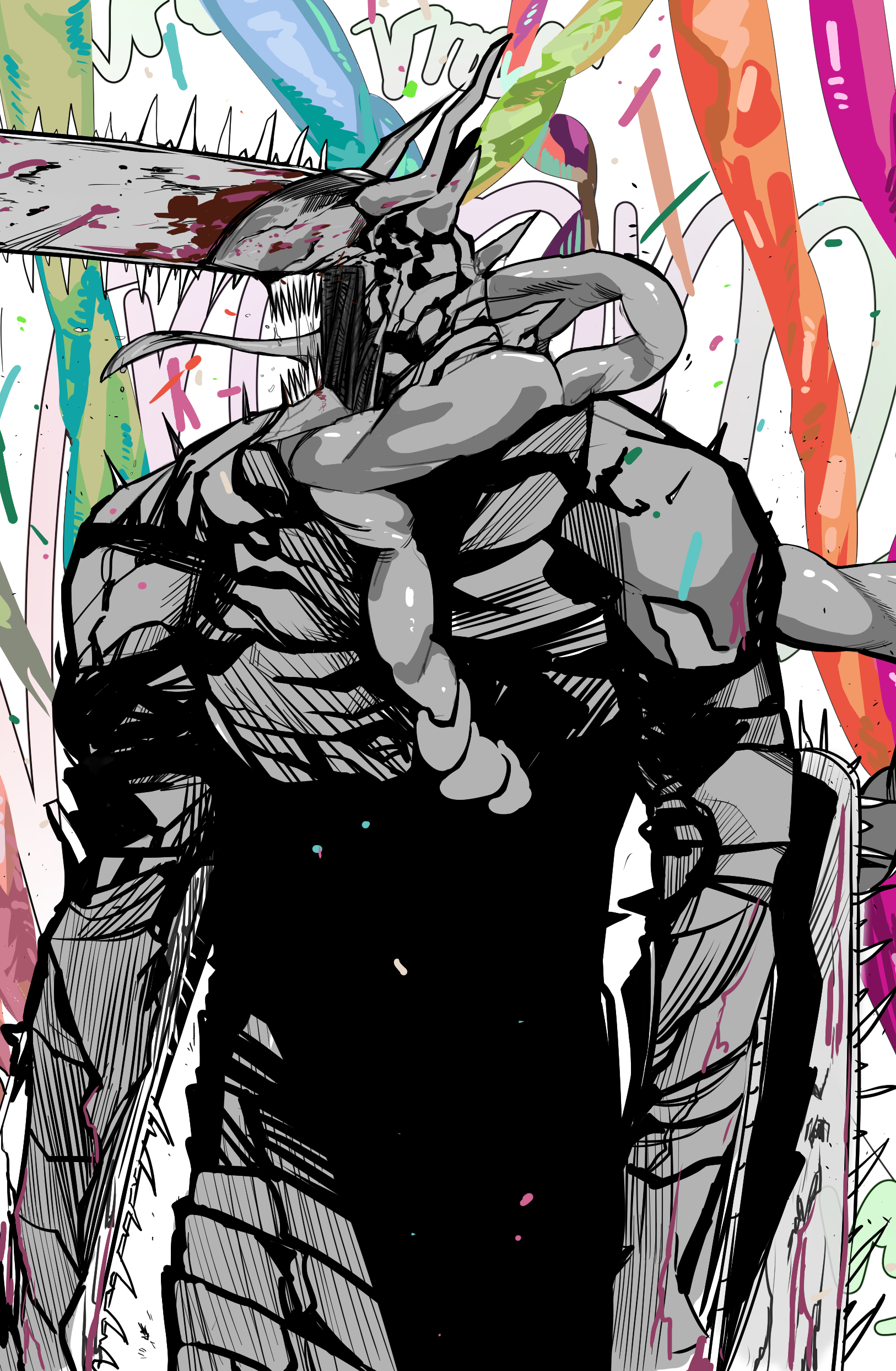 rhlatm, chainsaw devil, chainsaw man, absurdres, commentary request, highres, 1boy, chainsaw, intestine clothing, long tongue, male focus, monster boy, open mouth, sharp teeth, solo, teeth, tongue, tongue out