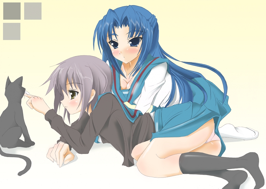 kuro inu, kuroinu (sonoba shinogi), asakura ryoko, nagato yuki, suzumiya haruhi no yuuutsu, 00s, 2girls, animal, blue eyes, blue hair, cardigan, cat, long hair, multiple girls, panties, school uniform, serafuku, short hair, skirt, underwear, upskirt