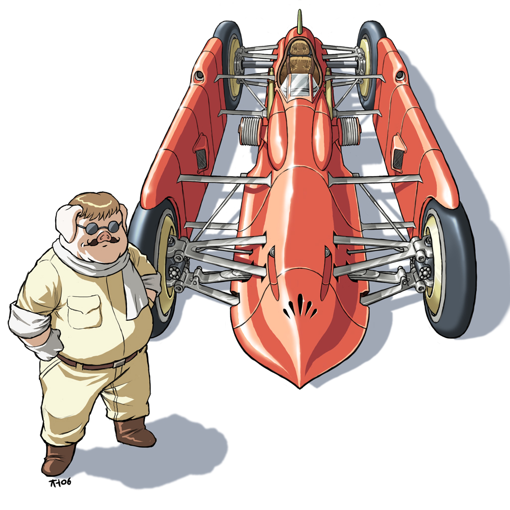 james chung, torokun, marco (kurenai no buta), porco rosso (character), kurenai no buta, studio ghibli, 1990s (style), 1boy, animal ears, brown hair, car, facial hair, formula racer, gloves, hands on own hips, jumpsuit, male focus, motor vehicle, mustache, pig ears, pig snout, race vehicle, racecar, retro artstyle, scarf, short hair, solo, sunglasses, vehicle focus