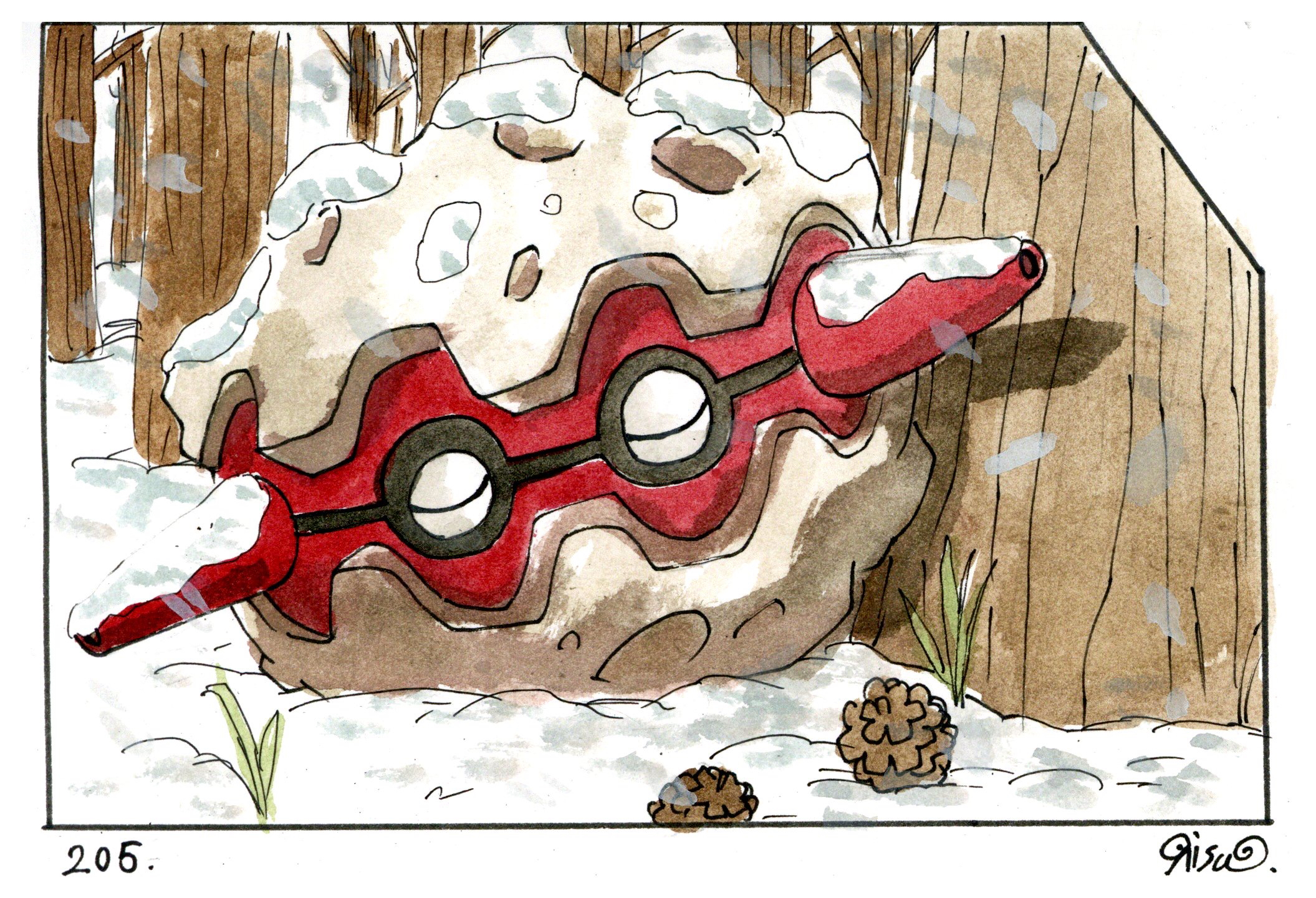 risu ishii, forretress, nintendo, pokemon, commentary request, highres, traditional media, border, closed eyes, gen 2 pokemon, no humans, outdoors, pinecone, pokedex number, pokemon (creature), pokemon focus, signature, sleeping, snow, solo, tree, white border