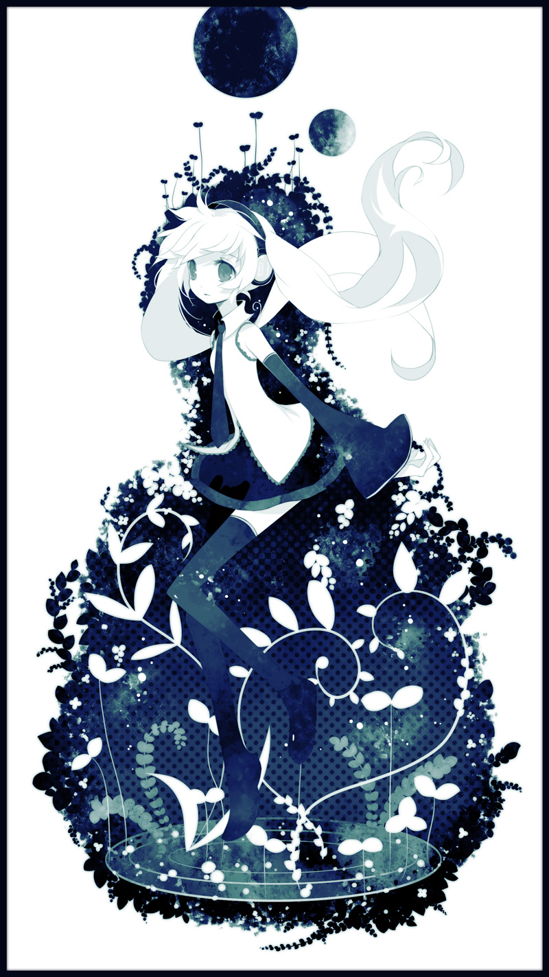 puti devil, hatsune miku, vocaloid, highres, 1girl, aqua eyes, blue theme, detached sleeves, female focus, headphones, long hair, monochrome, necktie, solo, thighhighs, twintails, white hair, zettai ryouiki