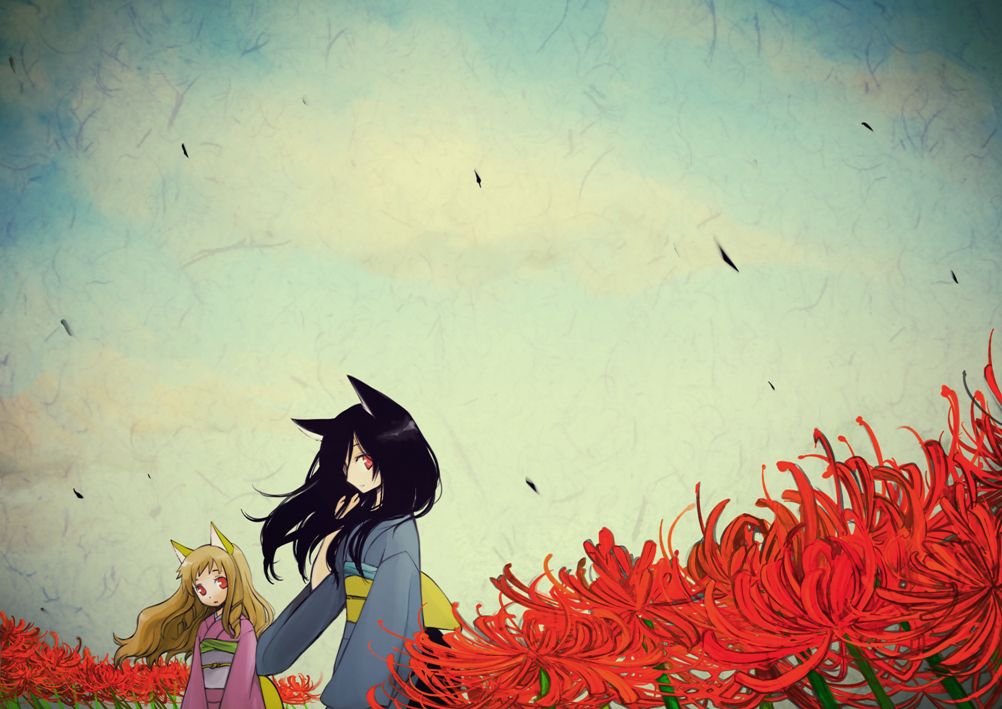 yusorate, original, 2girls, animal ears, black hair, blonde hair, flower, japanese clothes, kimono, long hair, multiple girls, red eyes, red flower, spider lily, wind