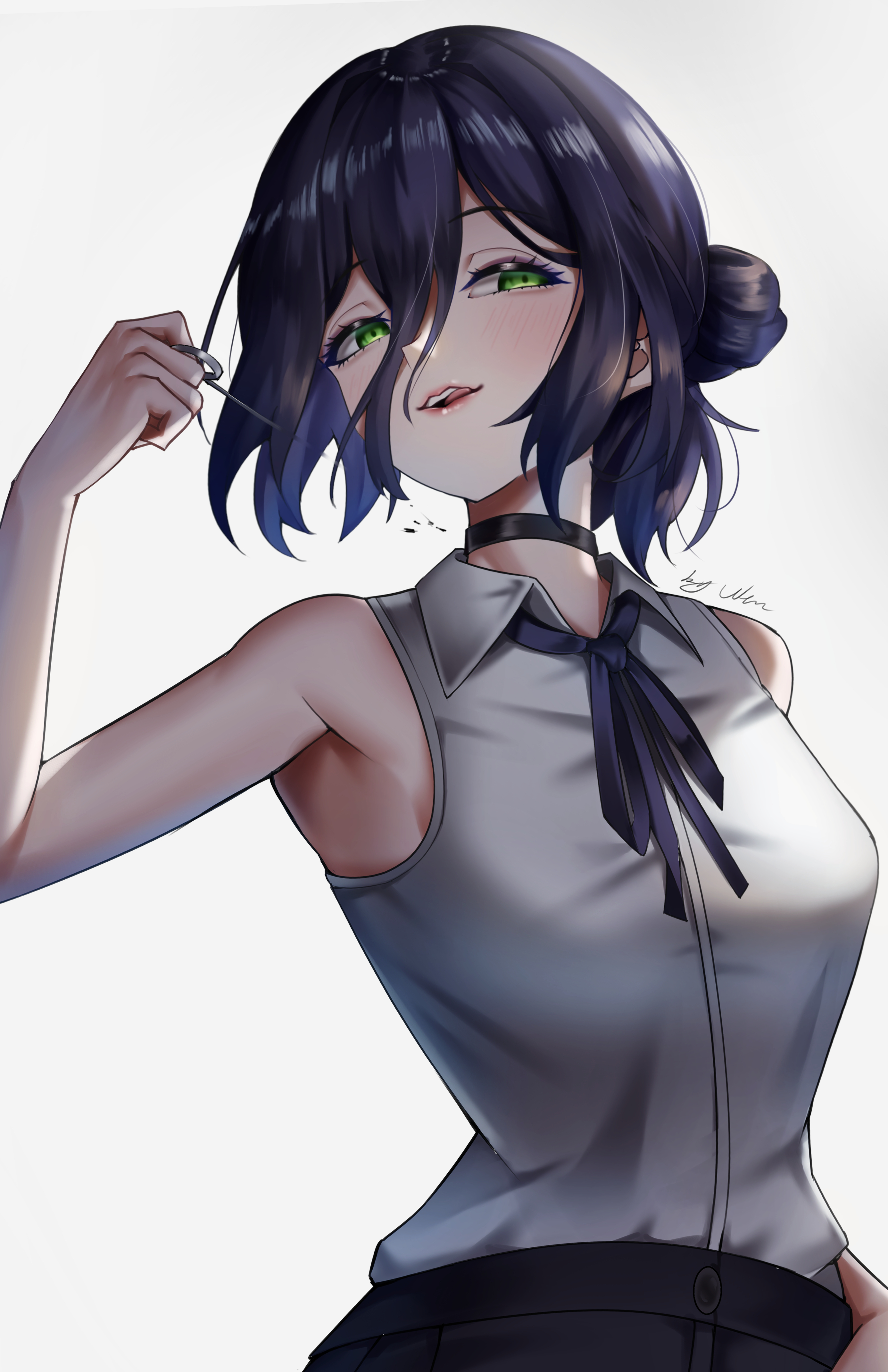 wendy (5877), reze (chainsaw man), chainsaw man, absurdres, highres, 1girl, black choker, black hair, black ribbon, choker, collared shirt, green eyes, grenade pin, grey background, grey shirt, hair between eyes, hair bun, looking at viewer, neck ribbon, ribbon, shirt, shirt tucked in, simple background, sleeveless, sleeveless shirt, solo, tongue