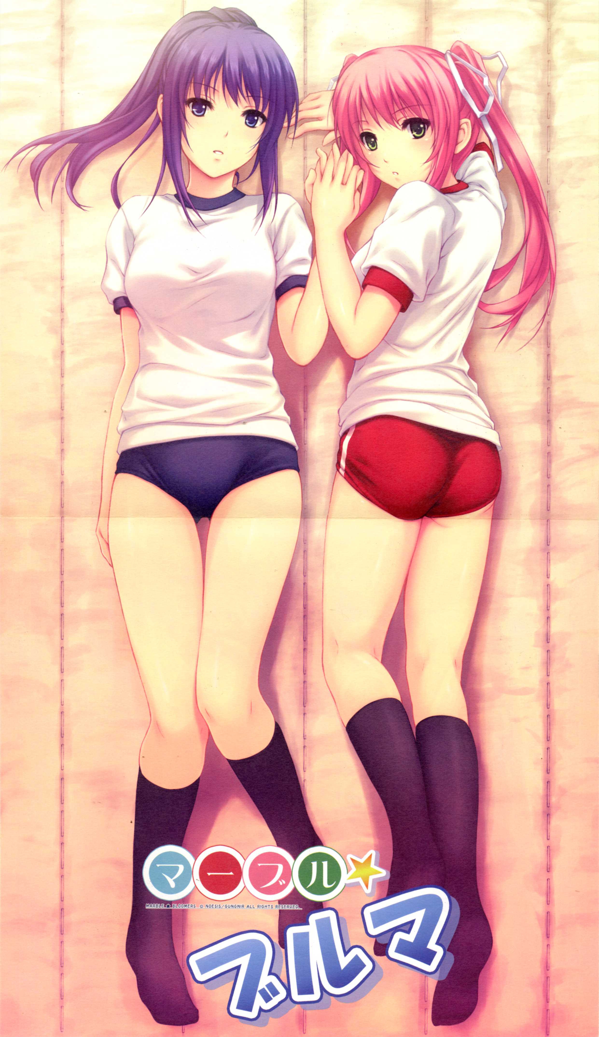 coffee-kizoku, asagiri luna, narikawa saki, marble bloomers, absurdres, highres, 2girls, ass, blue eyes, buruma, green eyes, gym uniform, holding hands, kneehighs, long hair, multiple girls, pink hair, ponytail, purple hair, socks, twintails