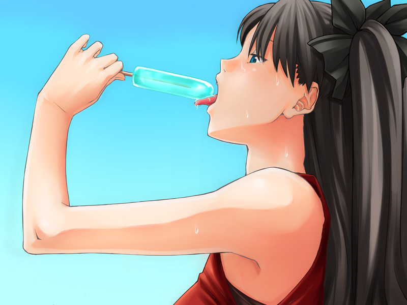 nazo kichi, tohsaka rin, fate/stay night, fate (series), 00s, 1girl, aqua background, bare shoulders, black hair, blue eyes, female focus, food, licking, long hair, popsicle, profile, saliva, sexually suggestive, simple background, solo, sweat, tongue, tongue out, upper body